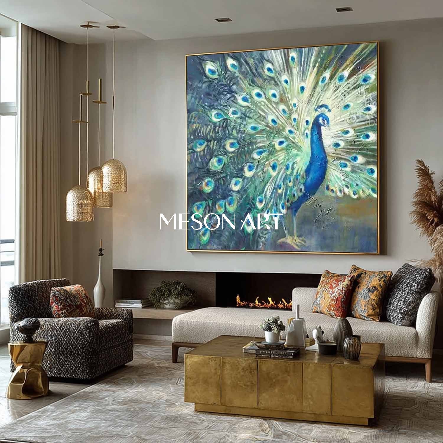 Handmade Modern Luxury Golden Peacock Wall Art Vibrant Canvas Painting