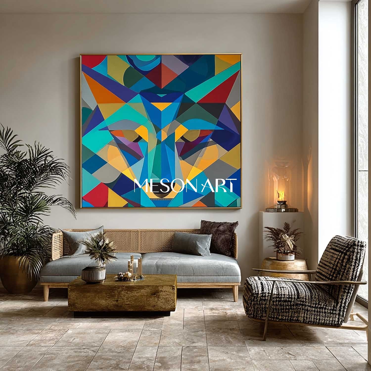 Geometric Wolf Abstract Painting Modern Colorful Animal Wall Art