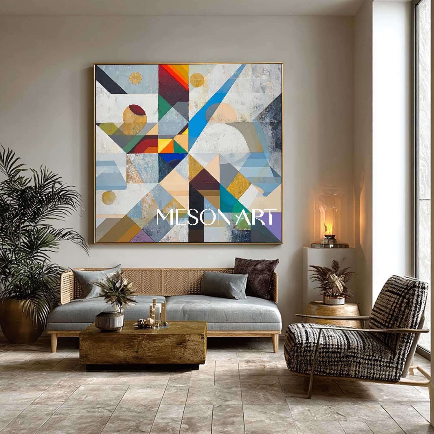 Bauhaus Geometric Abstract Wall Art Neutral Color Cubist Painting
