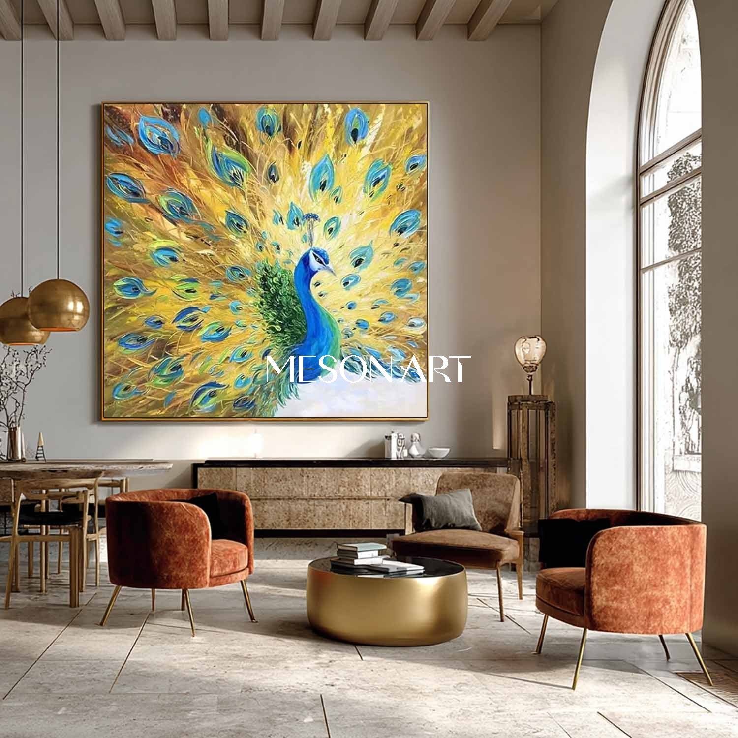 Handmade Modern Luxury Golden Peacock Wall Art Vibrant Canvas Painting