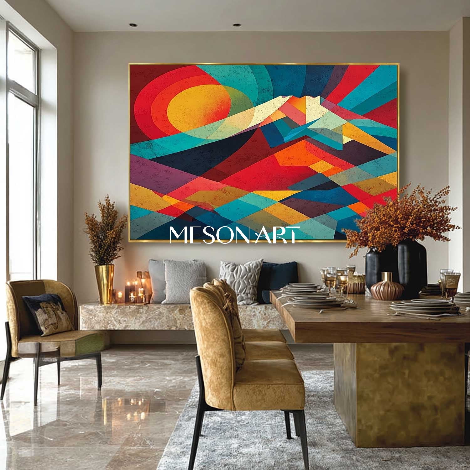 Geometric Abstract Landscape Painting Modern Mountain Art Living Room