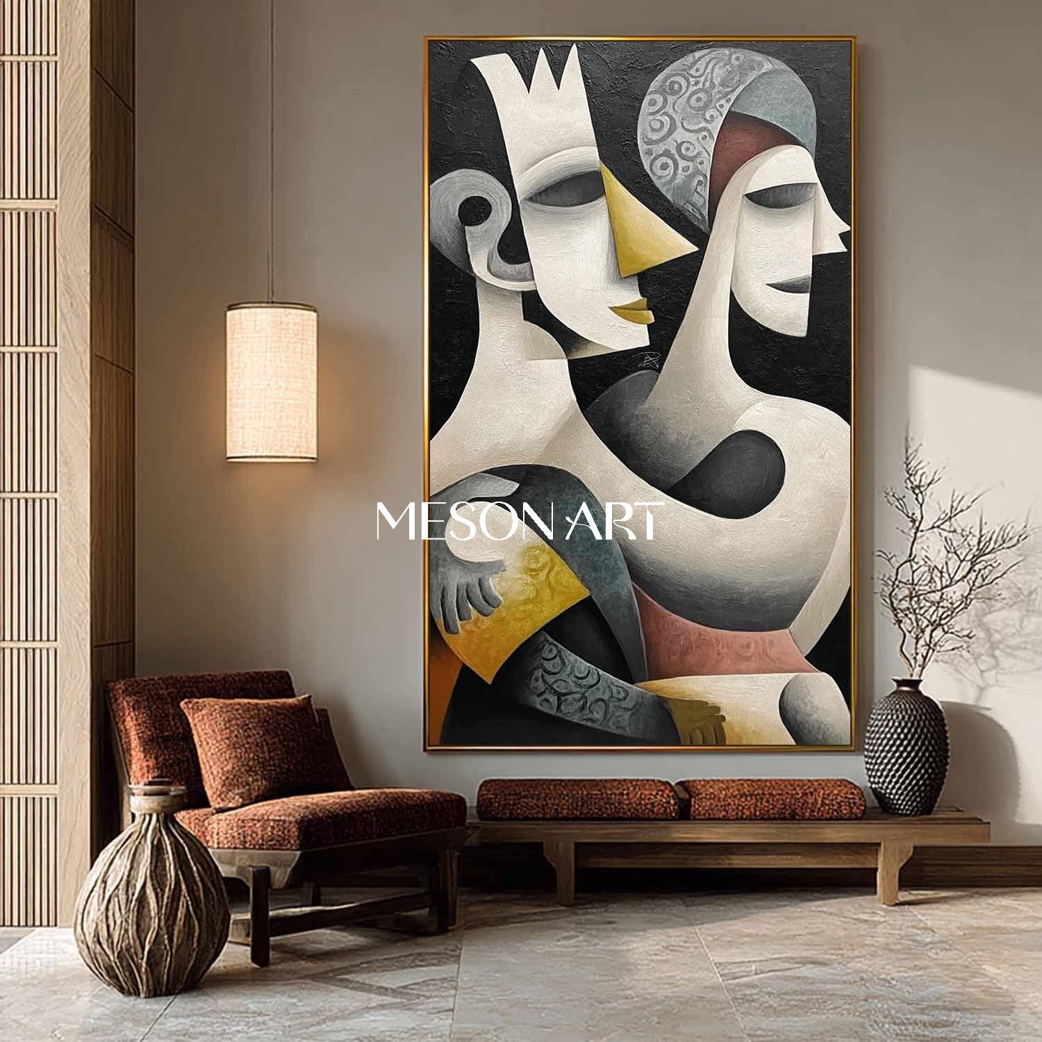 Oversized Black Abstract Art Vertical Canvas Cubist Hallway Wall Decor
