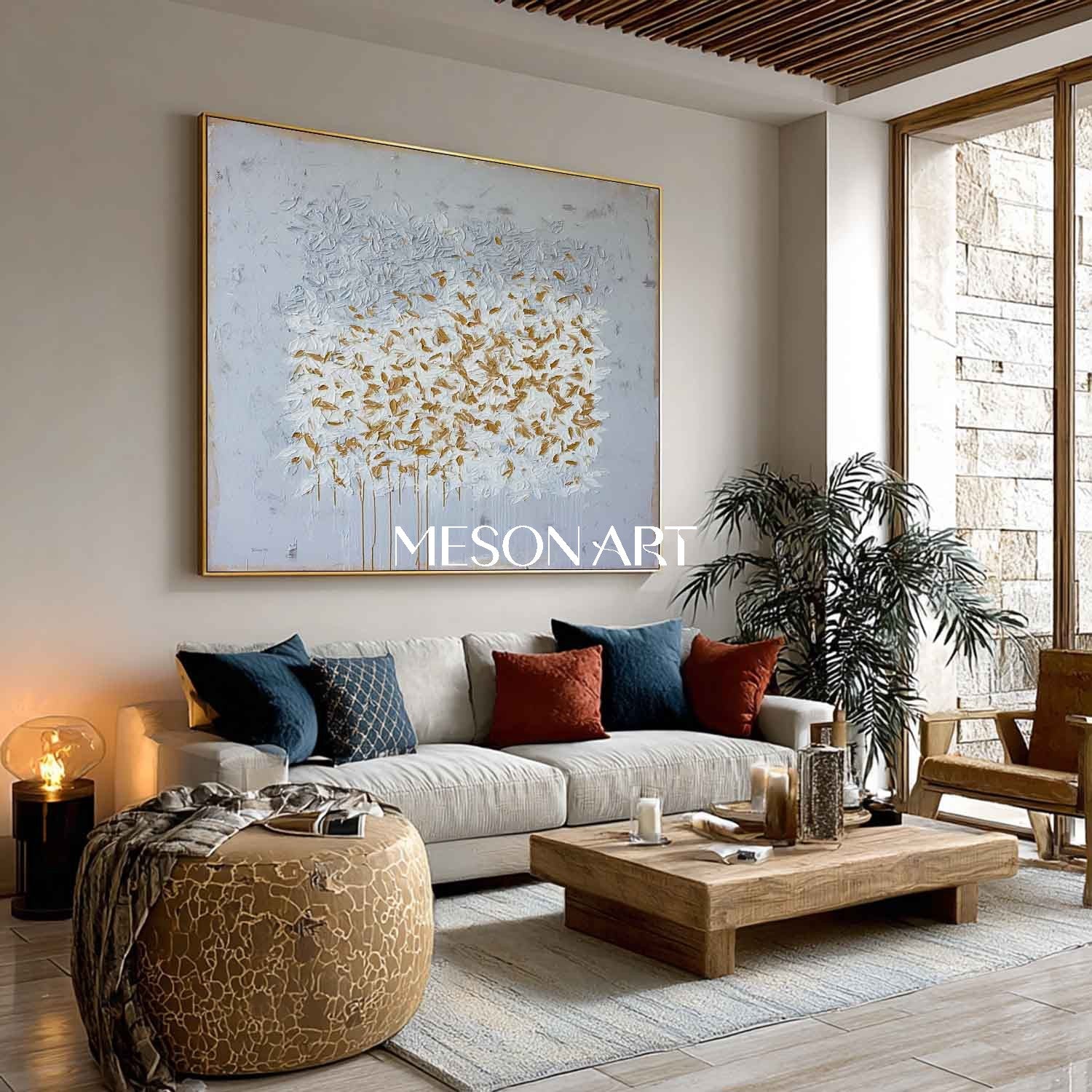 Abstract Expressionist Horizontal Painting Grey White Gold Canvas Art