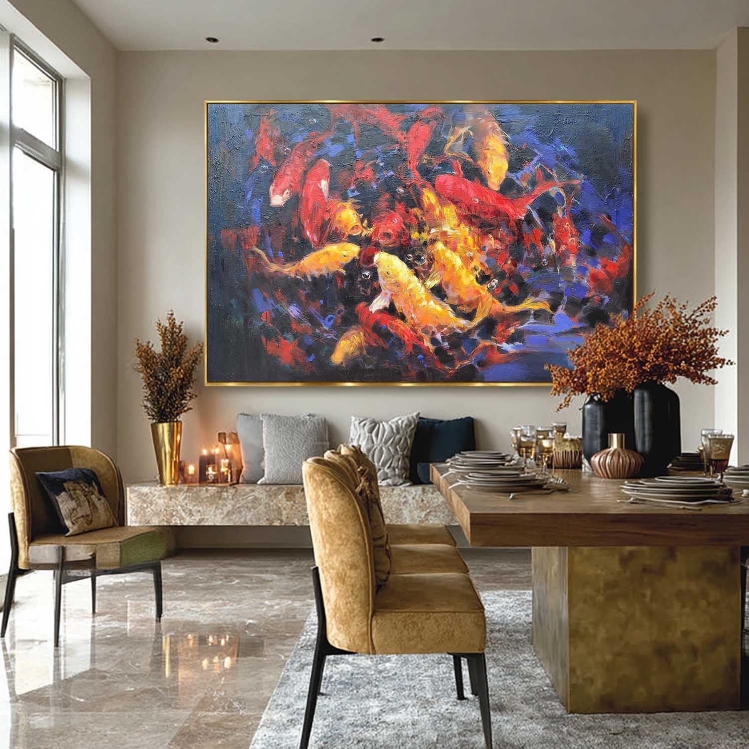 Large Realism Koi Fish Painting Colorful Wall Art Lucky Feng Shui Art