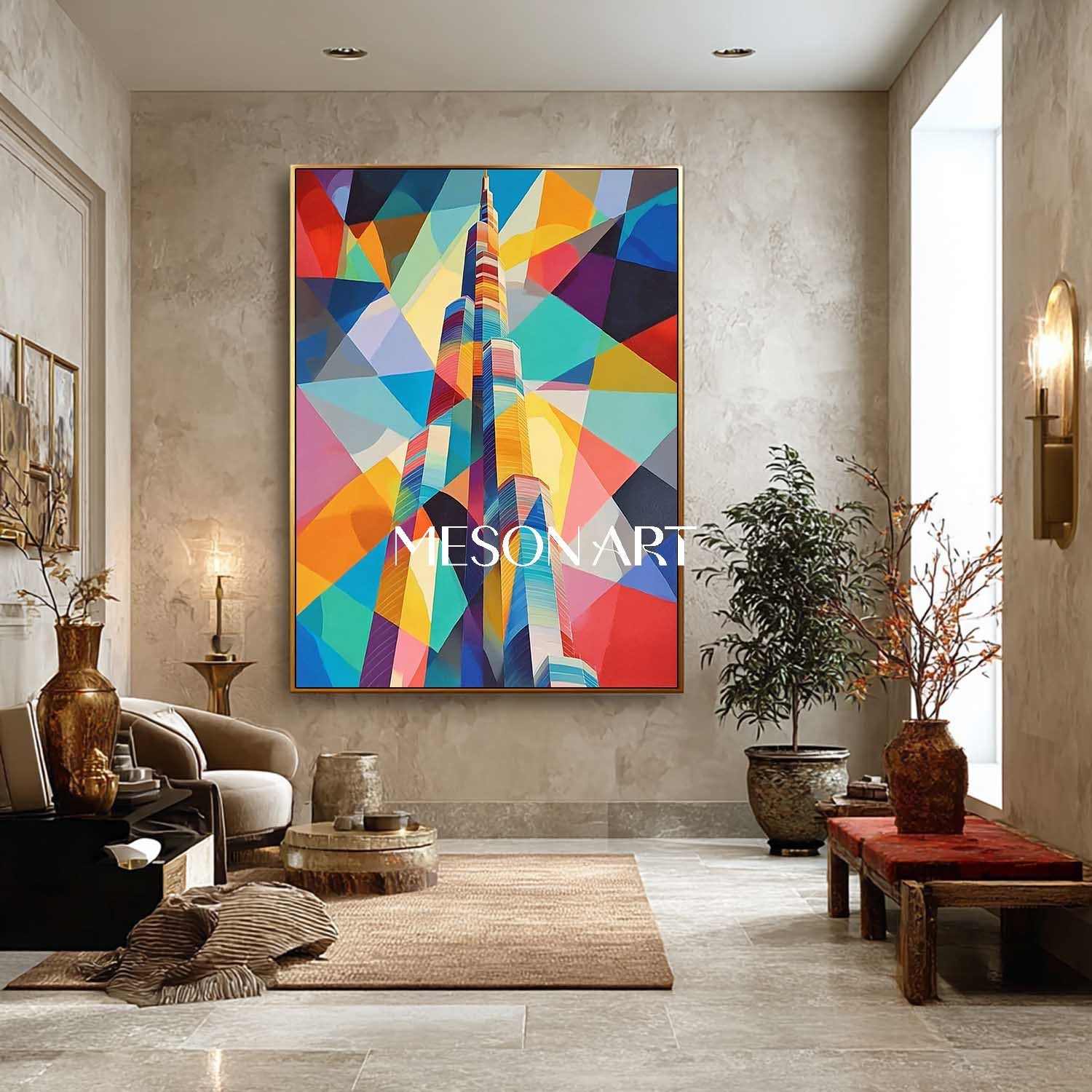 Modern Abstract Building Painting Colorful Urban Wall Art Canvas Decor