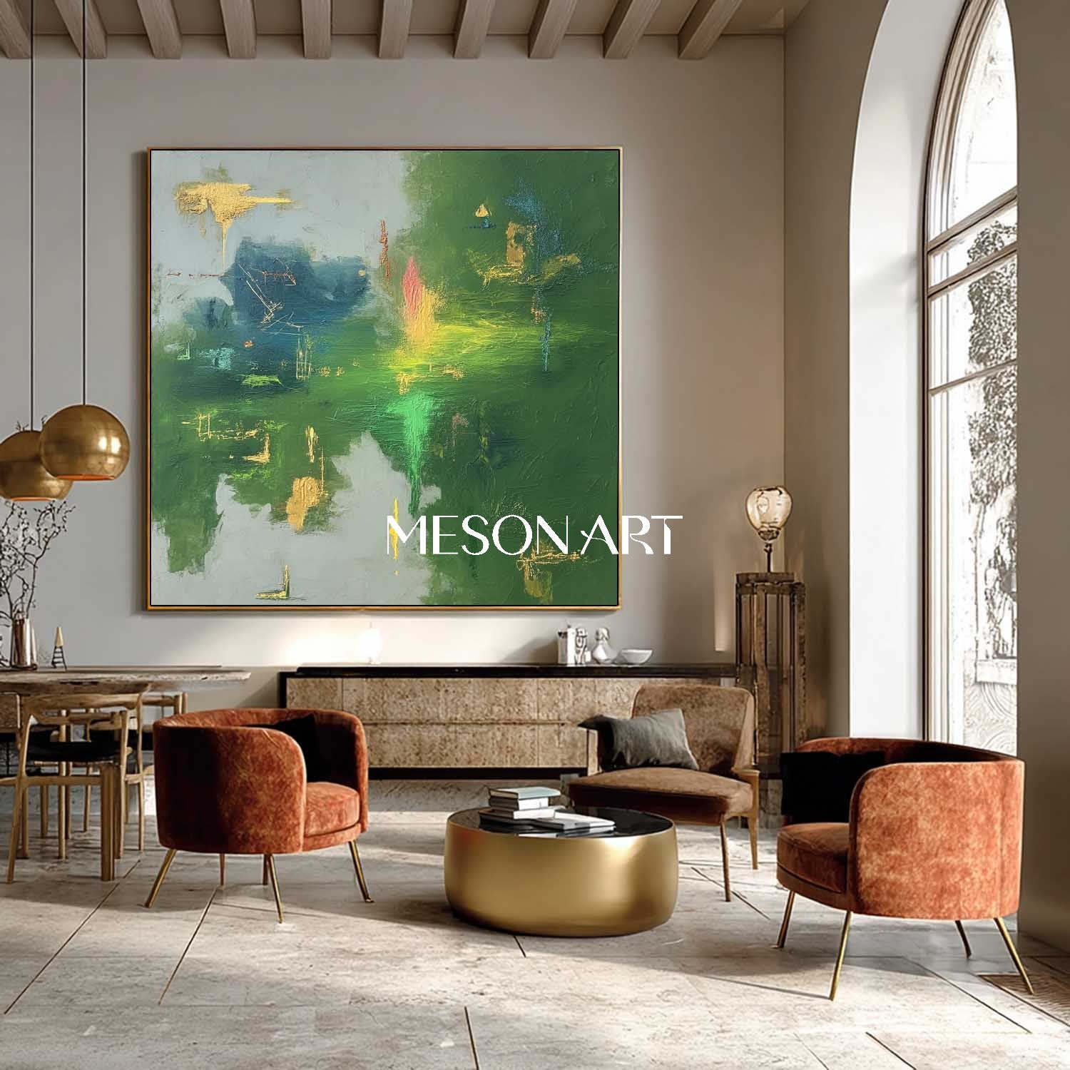 Buy Green Abstract Painting with Gold Accents Modern Square Canvas Art