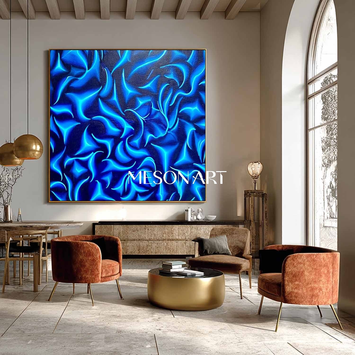 Large Blue Abstract Textured Painting Modern Wall Art for Living Room