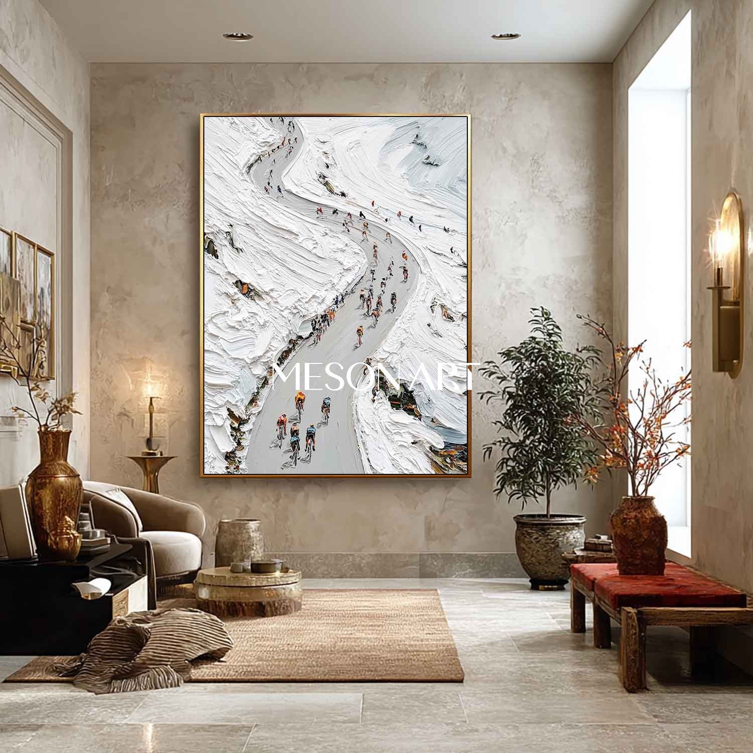 White Abstract Mountain Cycling Impasto Oil Painting Framed Office Art