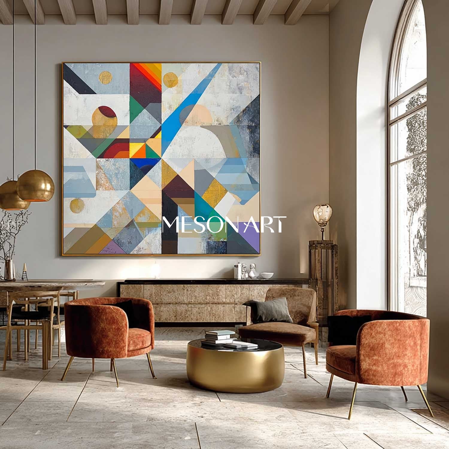 Bauhaus Geometric Abstract Wall Art Neutral Color Cubist Painting