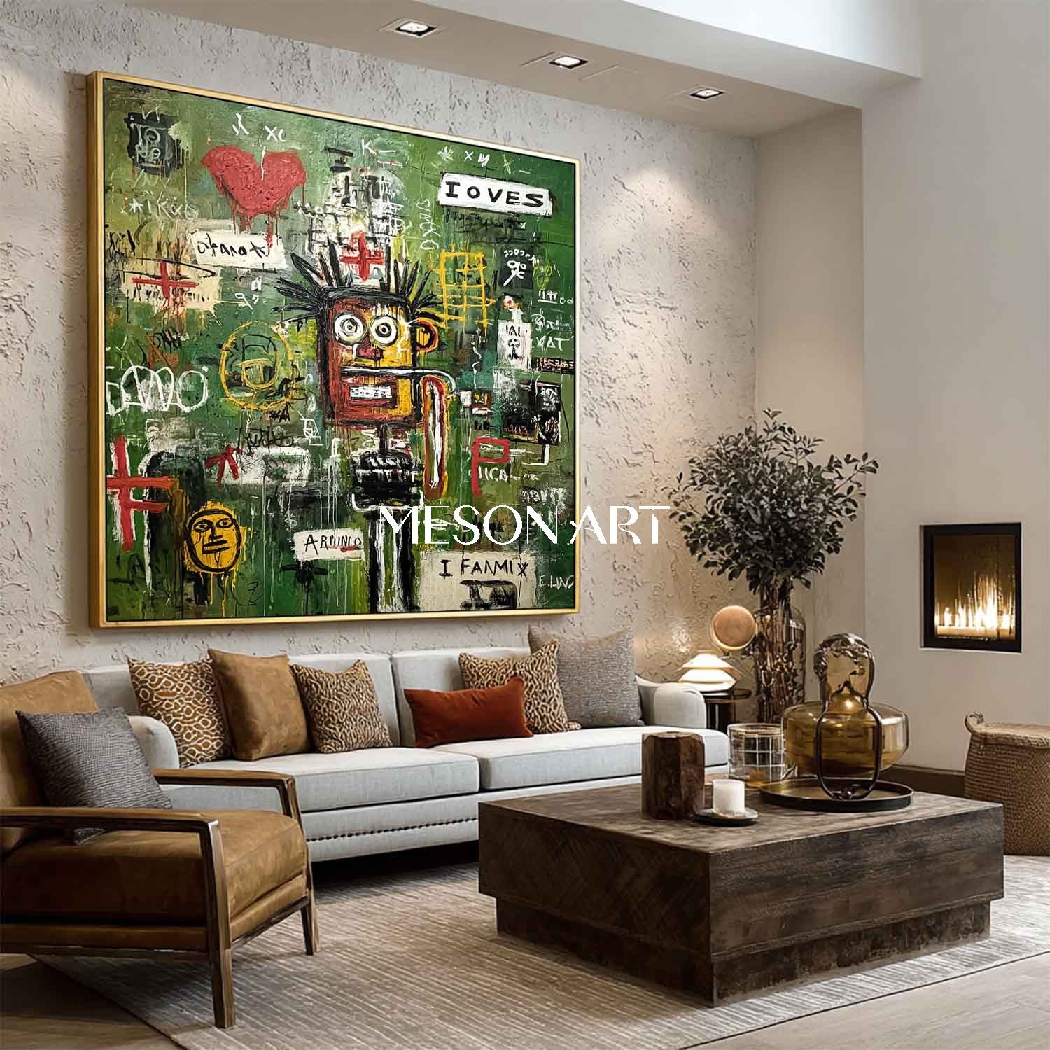 Abstract Graffiti Basquiat Style Green Expressionist Painting Wall Art