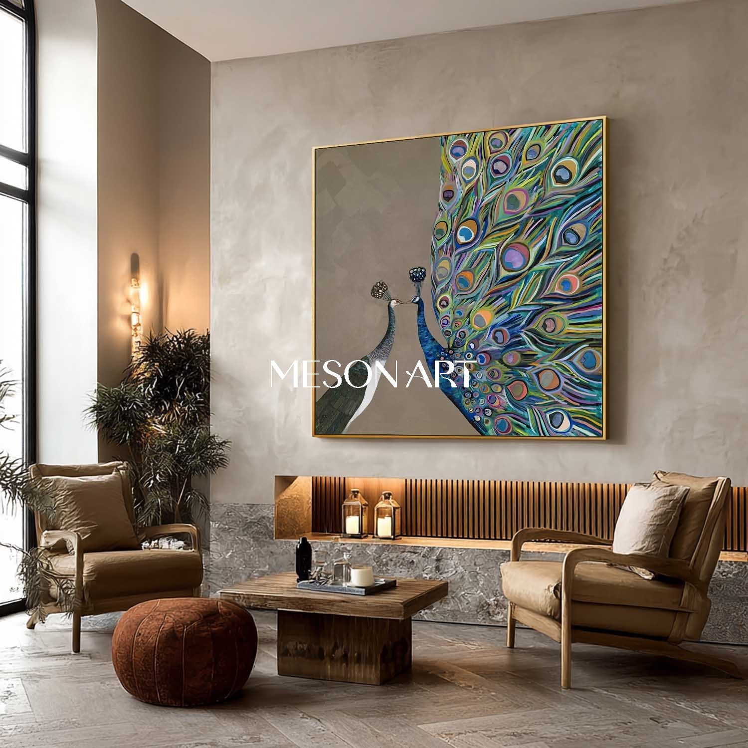 Modern Abstract Peacock Couple Wall Art Brown Canvas Painting Enterway