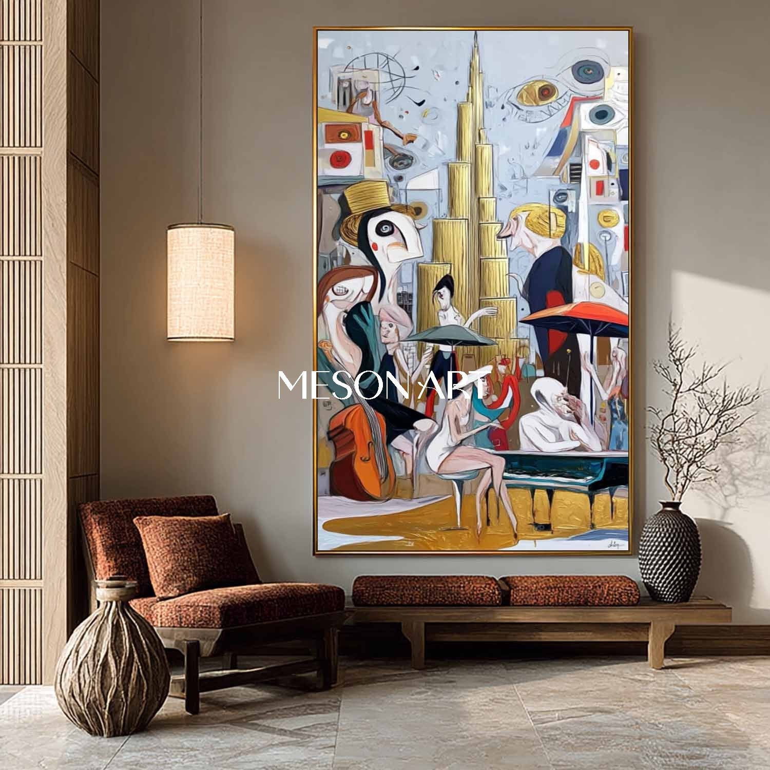 Vertical Abstract Cubism Hand Painted Custom Canvas Entryway Wall Art