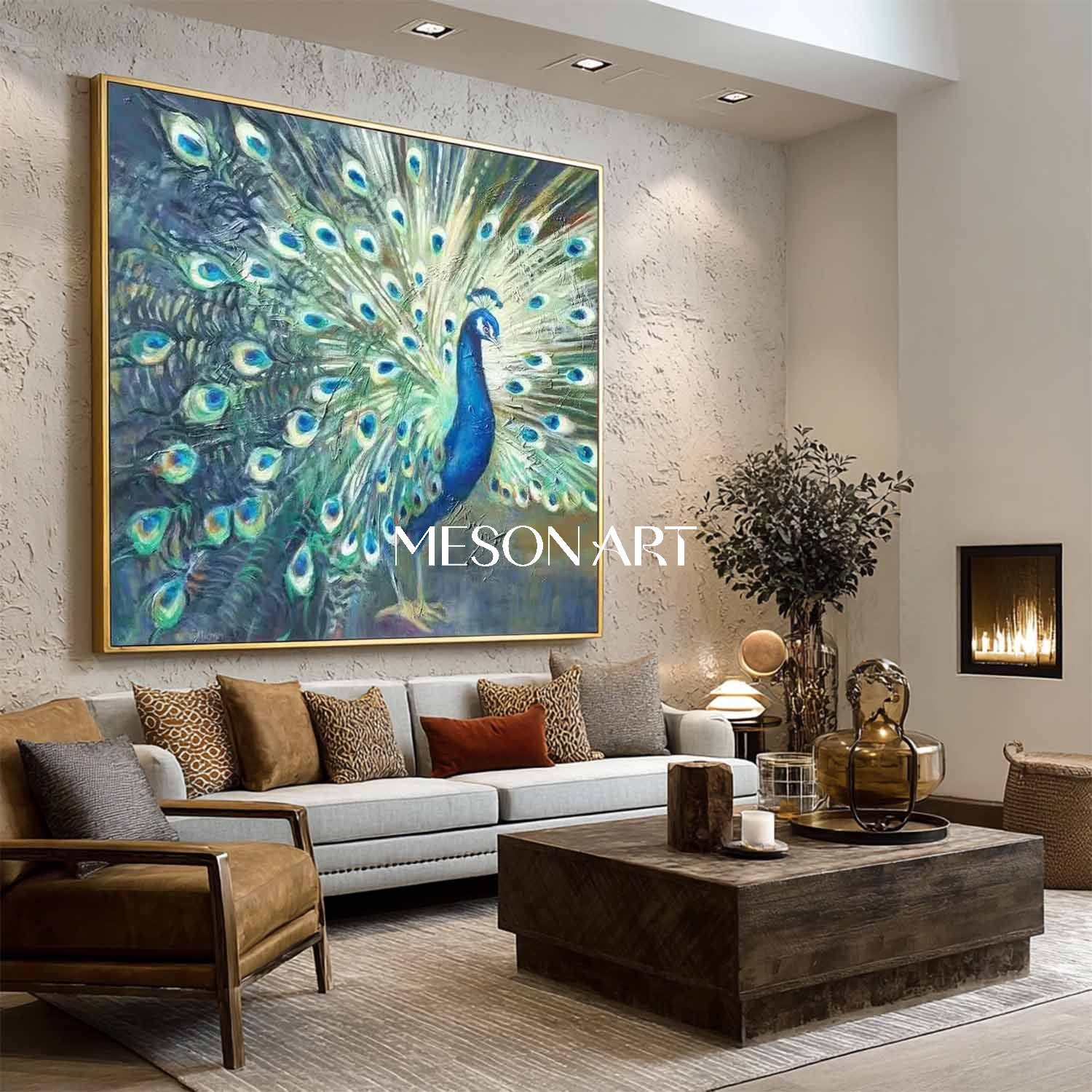 Handmade Modern Luxury Golden Peacock Wall Art Vibrant Canvas Painting
