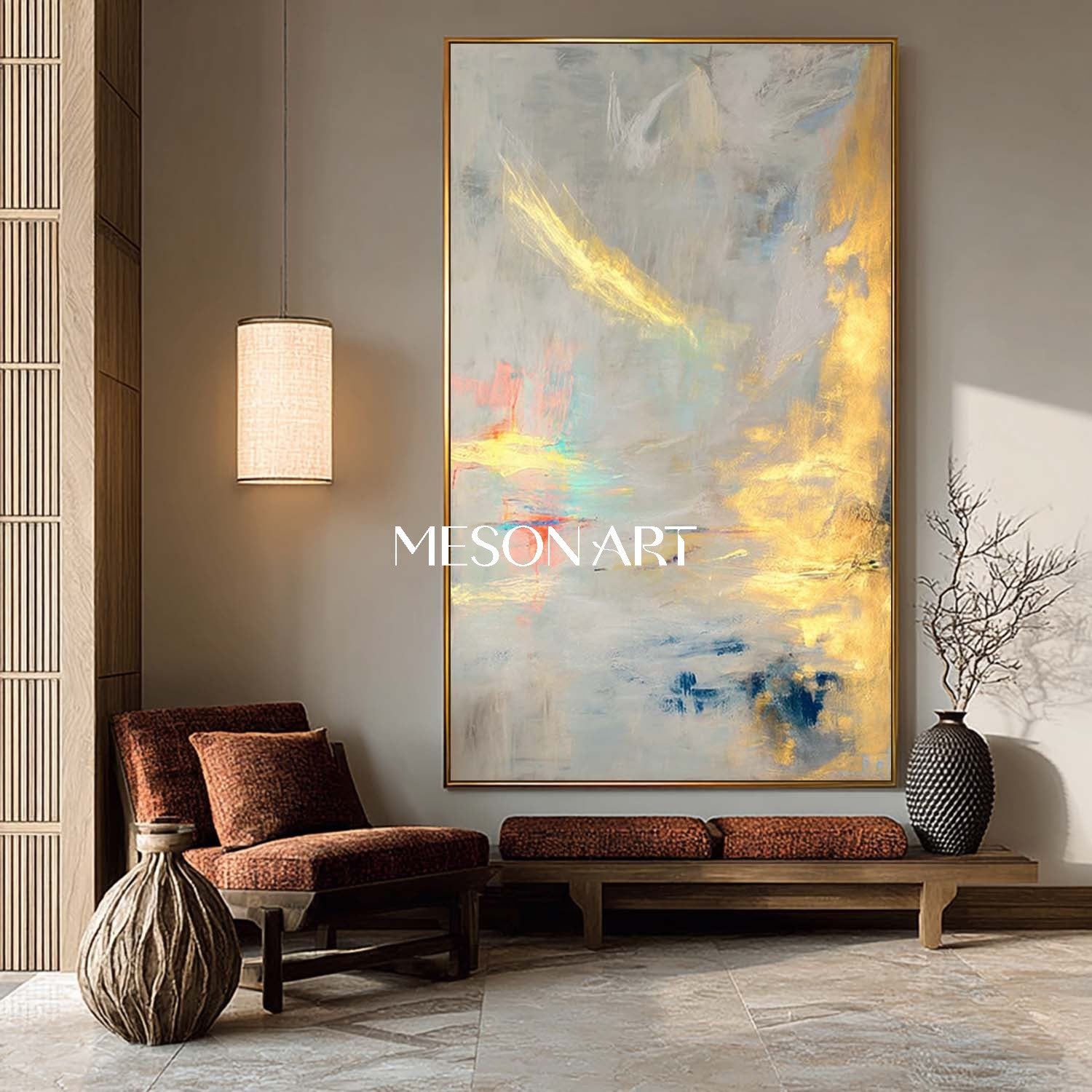 Gold Gray Abstract Textured Painting Large Vertical Entryway Wall Art