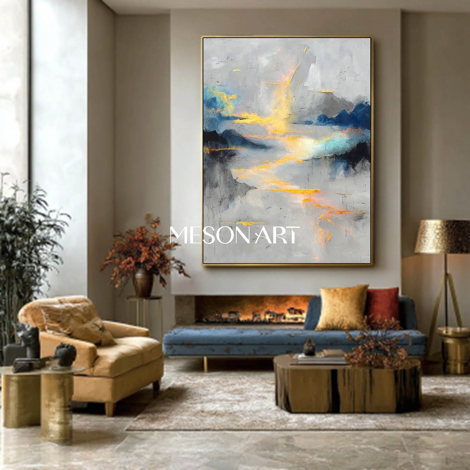 Buy Gray Blue Abstract Oil Painting Modern Textured Canvas Living Room