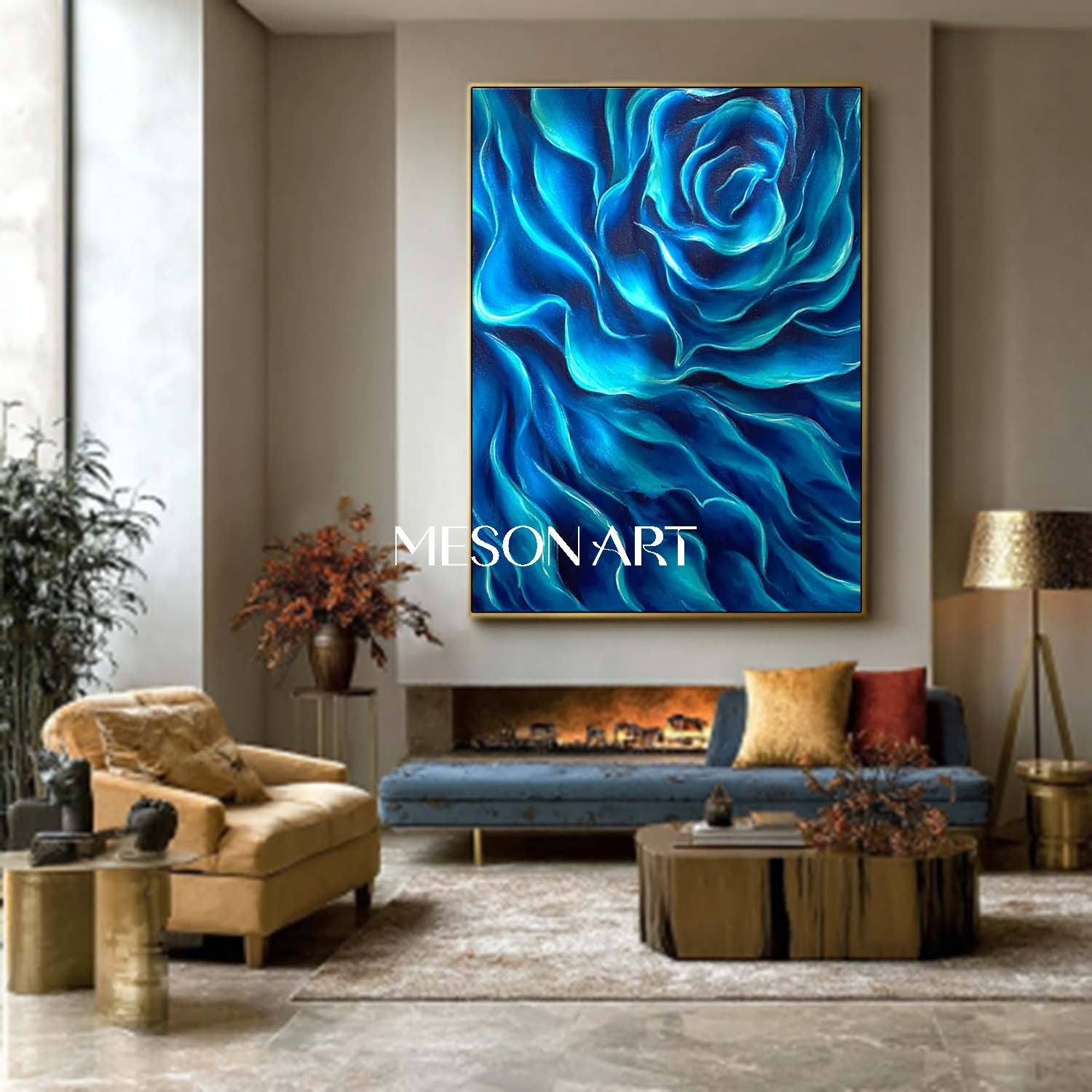 Blue Waves Abstract Flower Painting Modern Art on Canvas Wall Decor