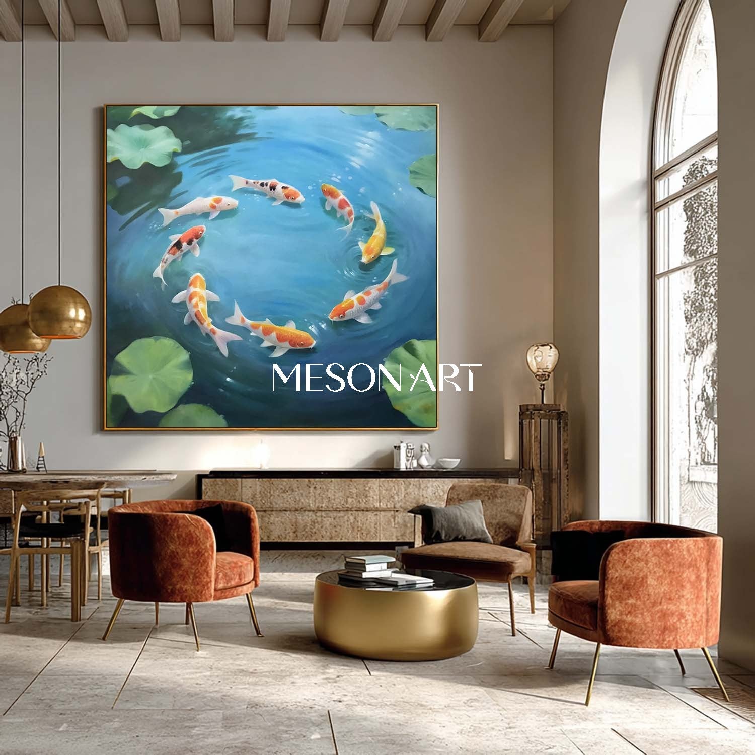 Modern Koi Fish Painting Pond Water Realism Wall Art for Living Room