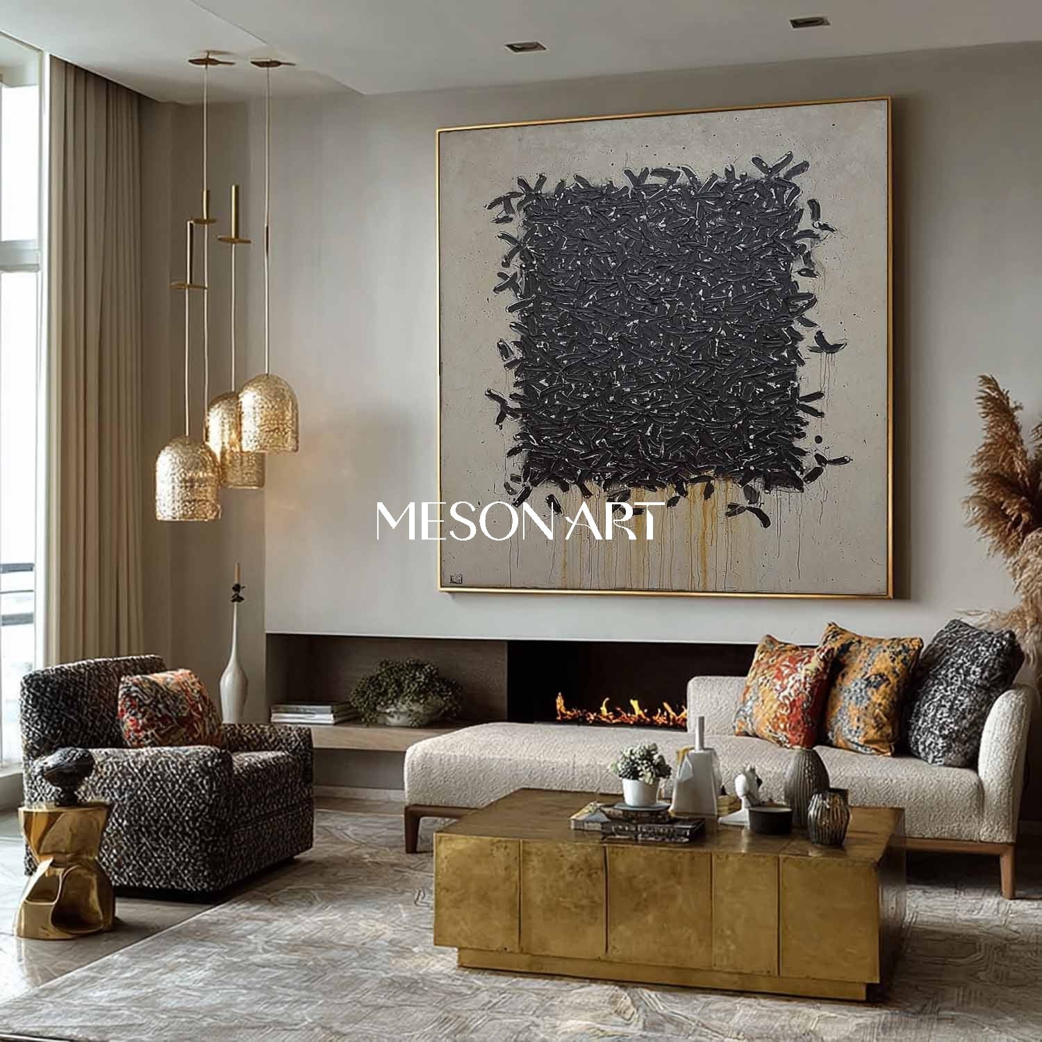 Black Taupe Abstract Artwork Textured Brush Strokes Modern Wall Art