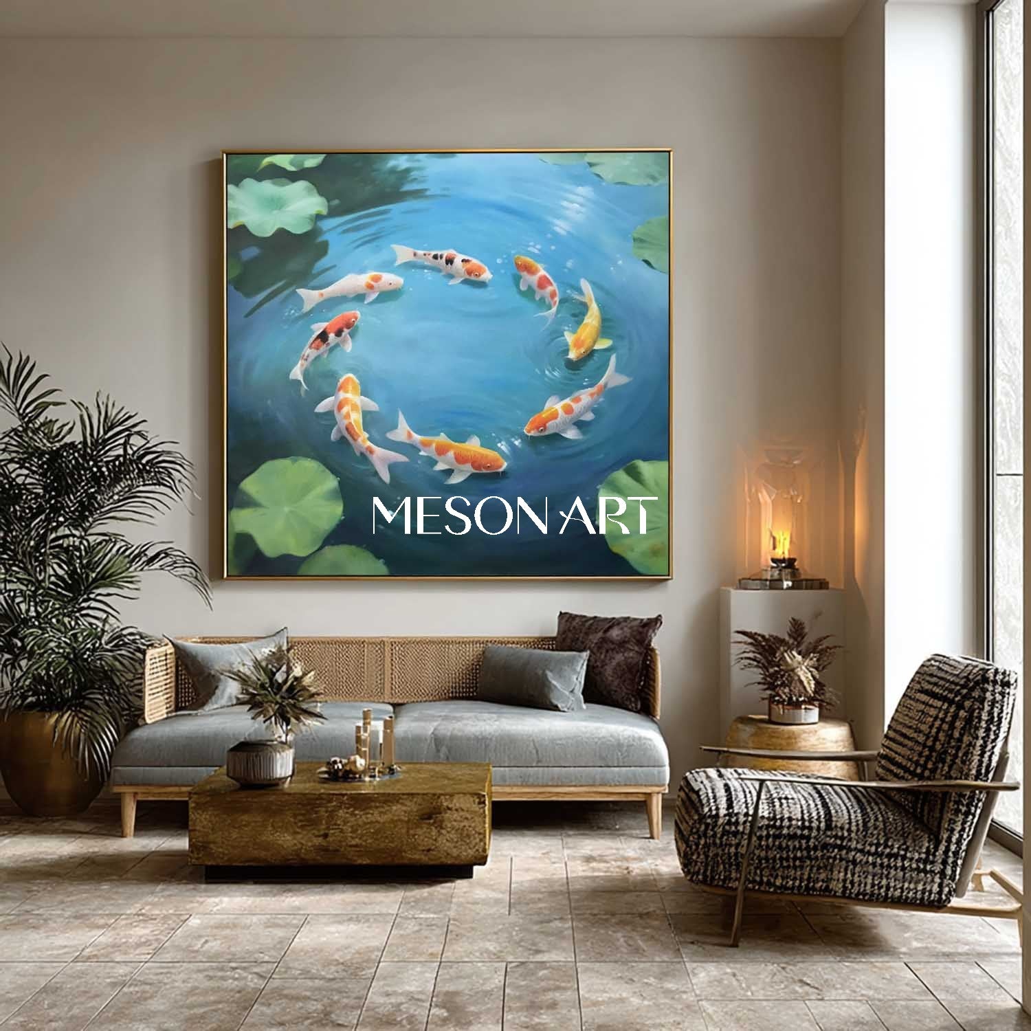 Modern Koi Fish Painting Pond Water Realism Wall Art for Living Room