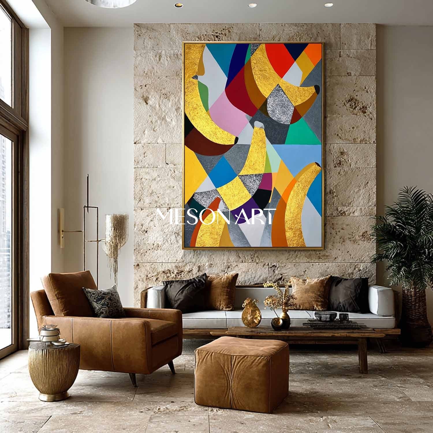Geometric Gold Banana Pop Art Abstract Oil Painting Modern Wall Decor