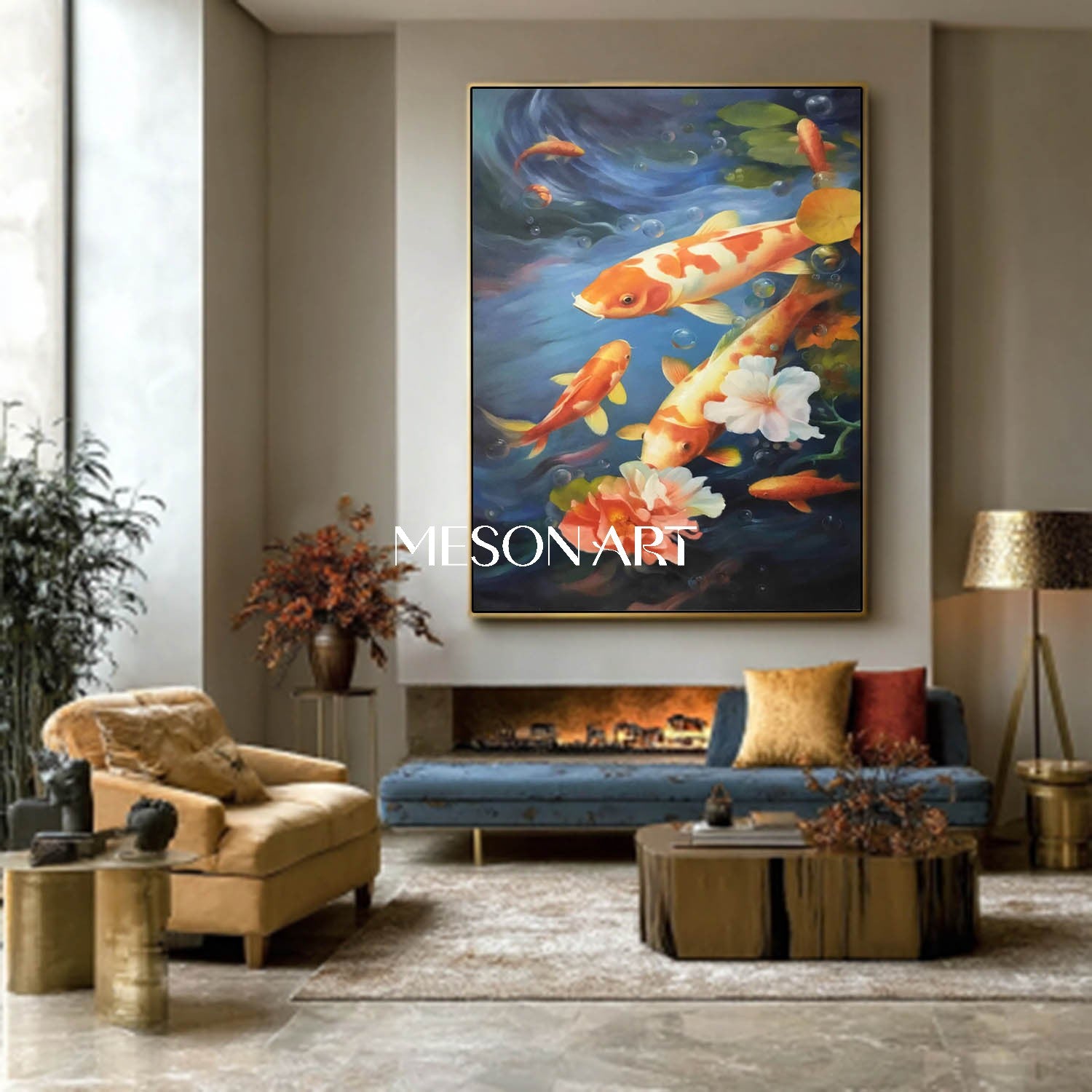 Blue Water Floral Koi Fish Wall Art Living Room Decor Energy Painting