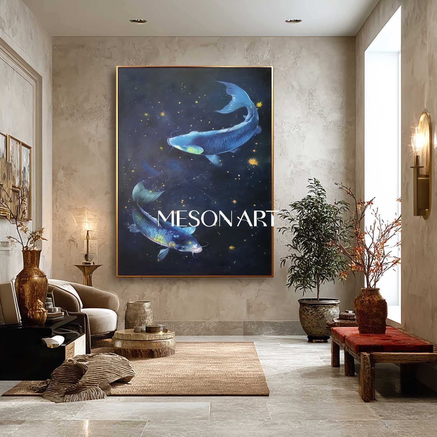 Luxury Hand-Painted Blue Koi Fish Wall Art Feng Shui Canvas Painting