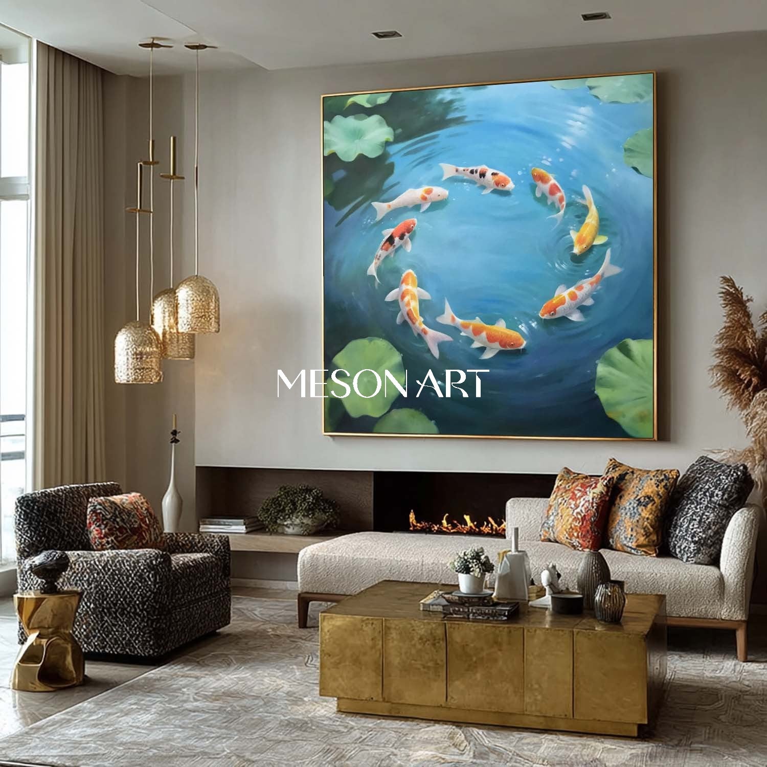 Modern Koi Fish Painting Pond Water Realism Wall Art for Living Room