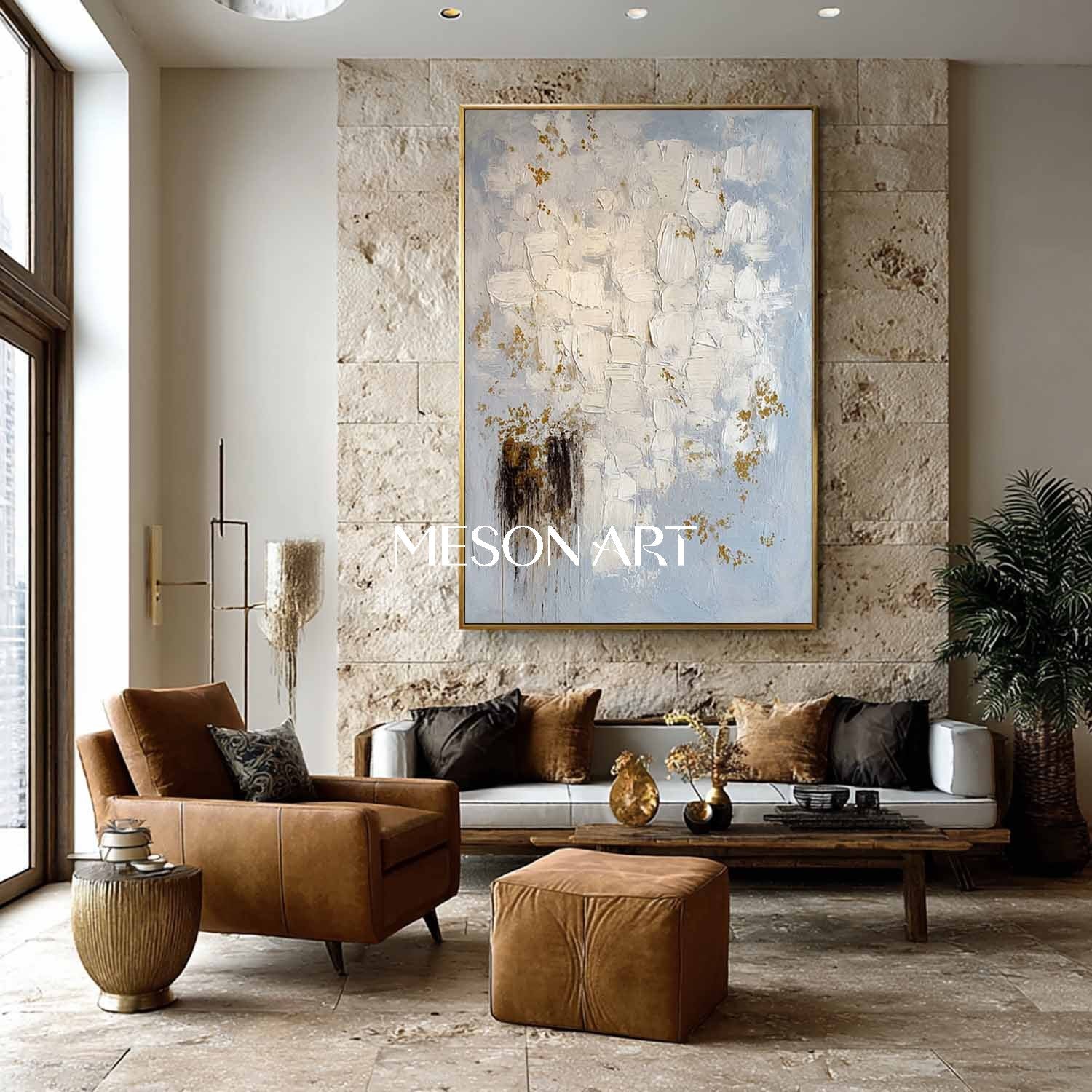 Minimalist Abstract Art Blue Beige Luxury Impasto Painting Wall Décor