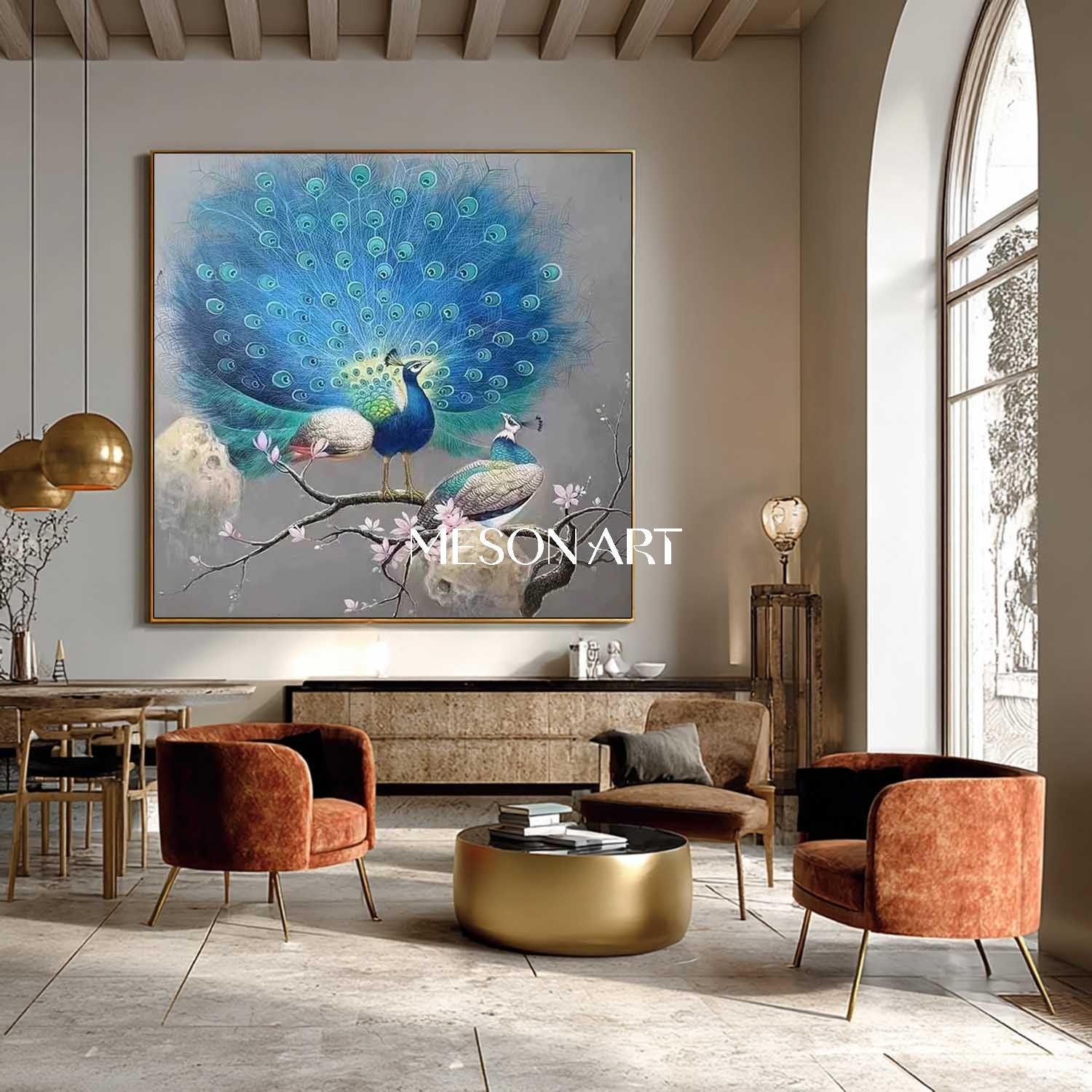 Modern Elegant Blue Peacock Wall Art Peacock Couple Canvas Painting
