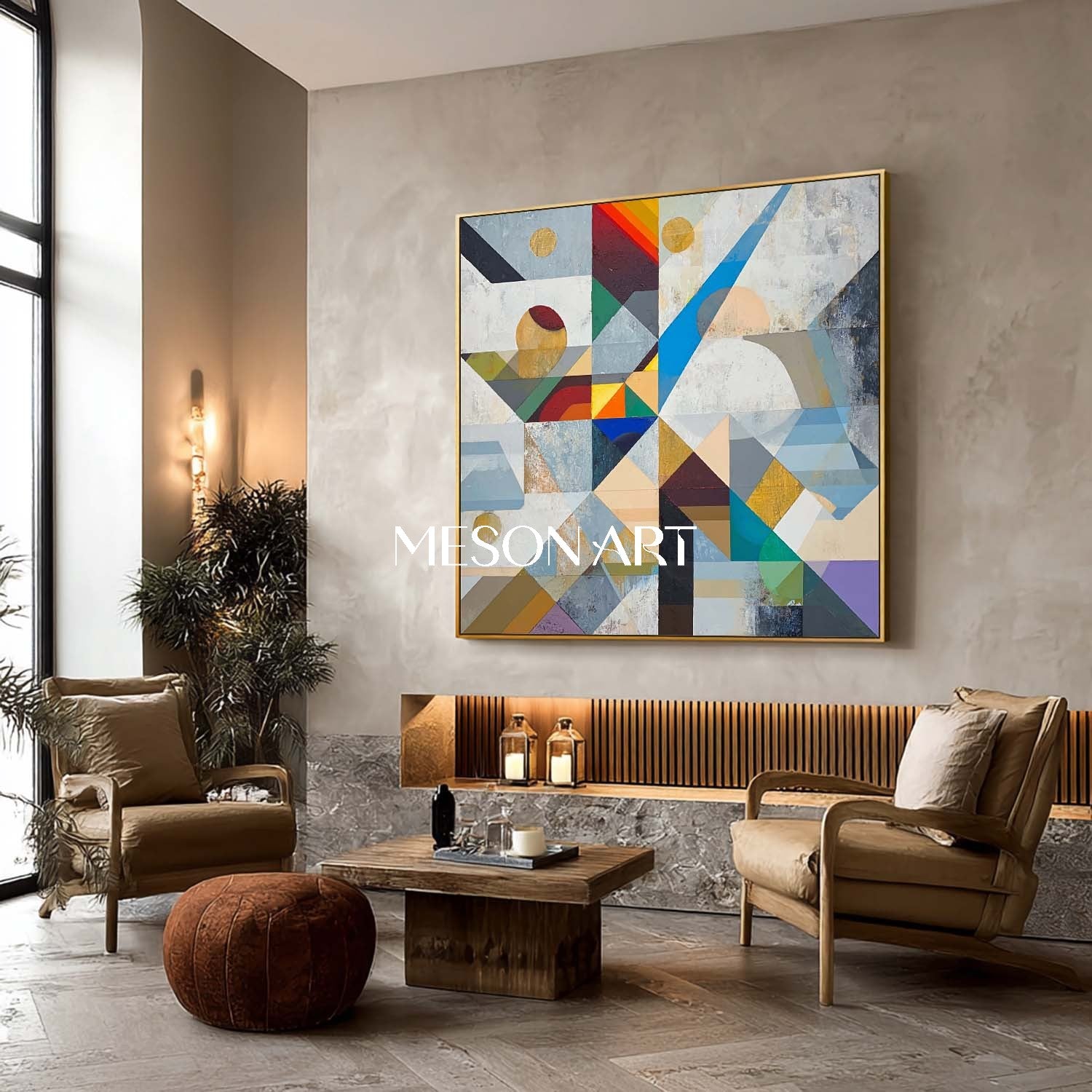 Bauhaus Geometric Abstract Wall Art Neutral Color Cubist Painting