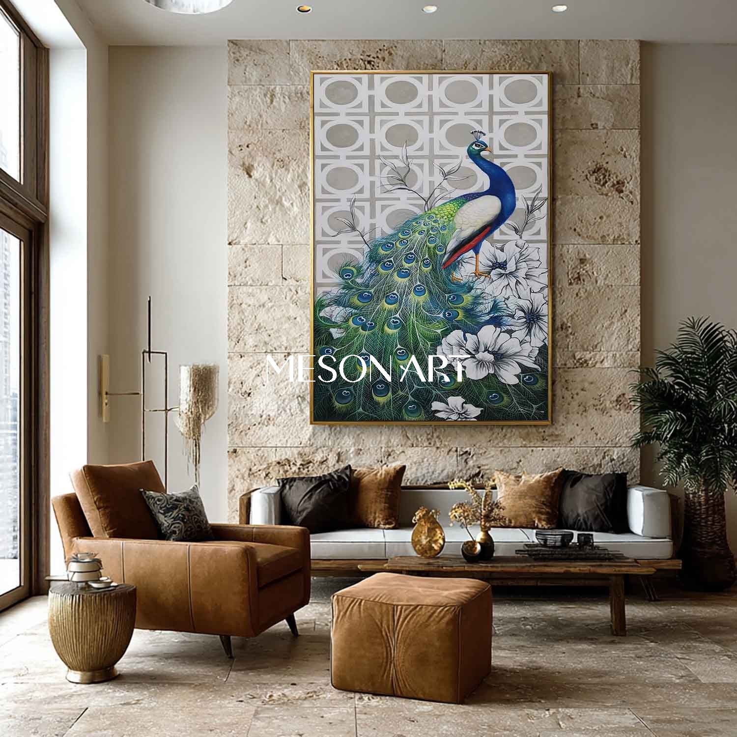 Green Peacock Modern Hand-Painted Painting Vertical Canvas On Sale