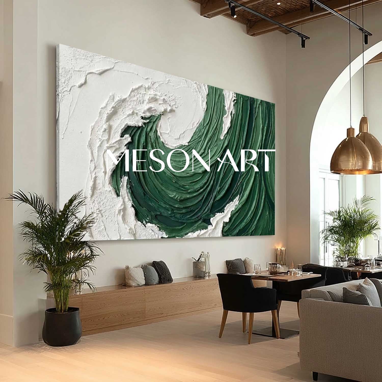 Large green ocean wave bedroom wall art, abstract beach texture painting