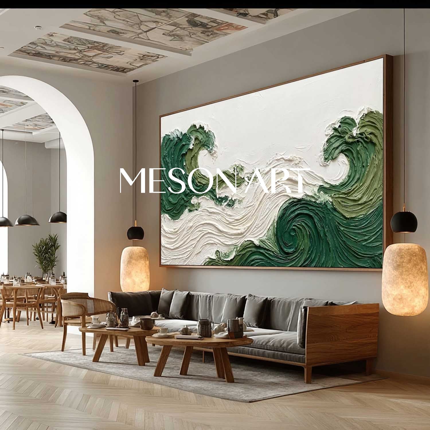 Large Abstract Green Beach Painting Panoramic Green Waves Bedroom Wall Decor Art