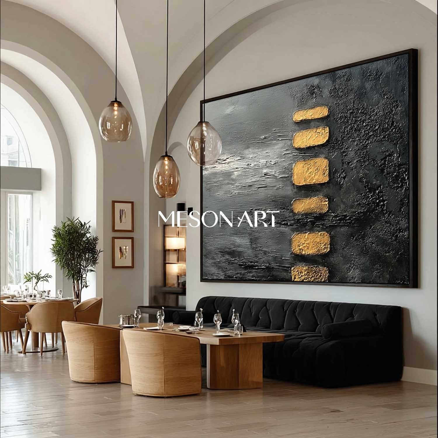 Modern Abstract Gold and Black Wabi-Sabi Painting for Luxury Spaces