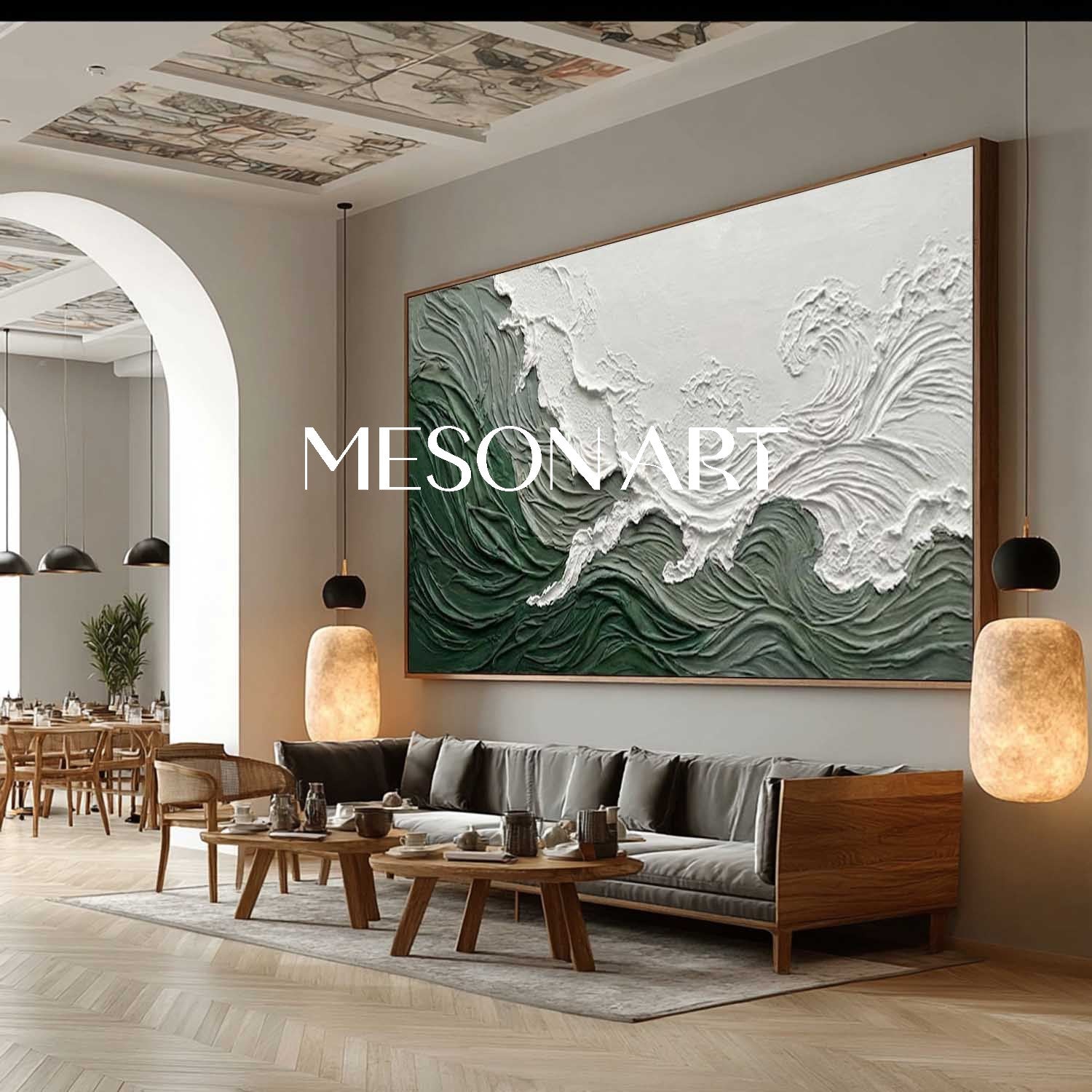 Panoramic White And Green Bedroom Wall Painting Green Abstract Art Canvas