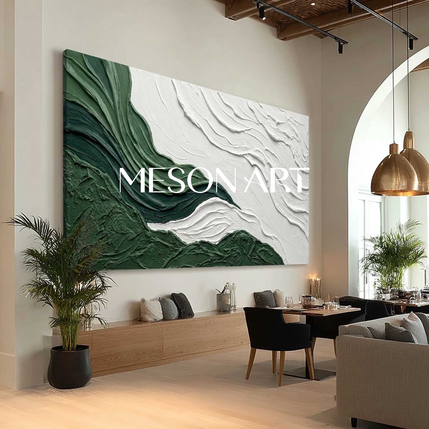 White And Green Abstract Art Canvas Green Panoramic Bedroom Painting.