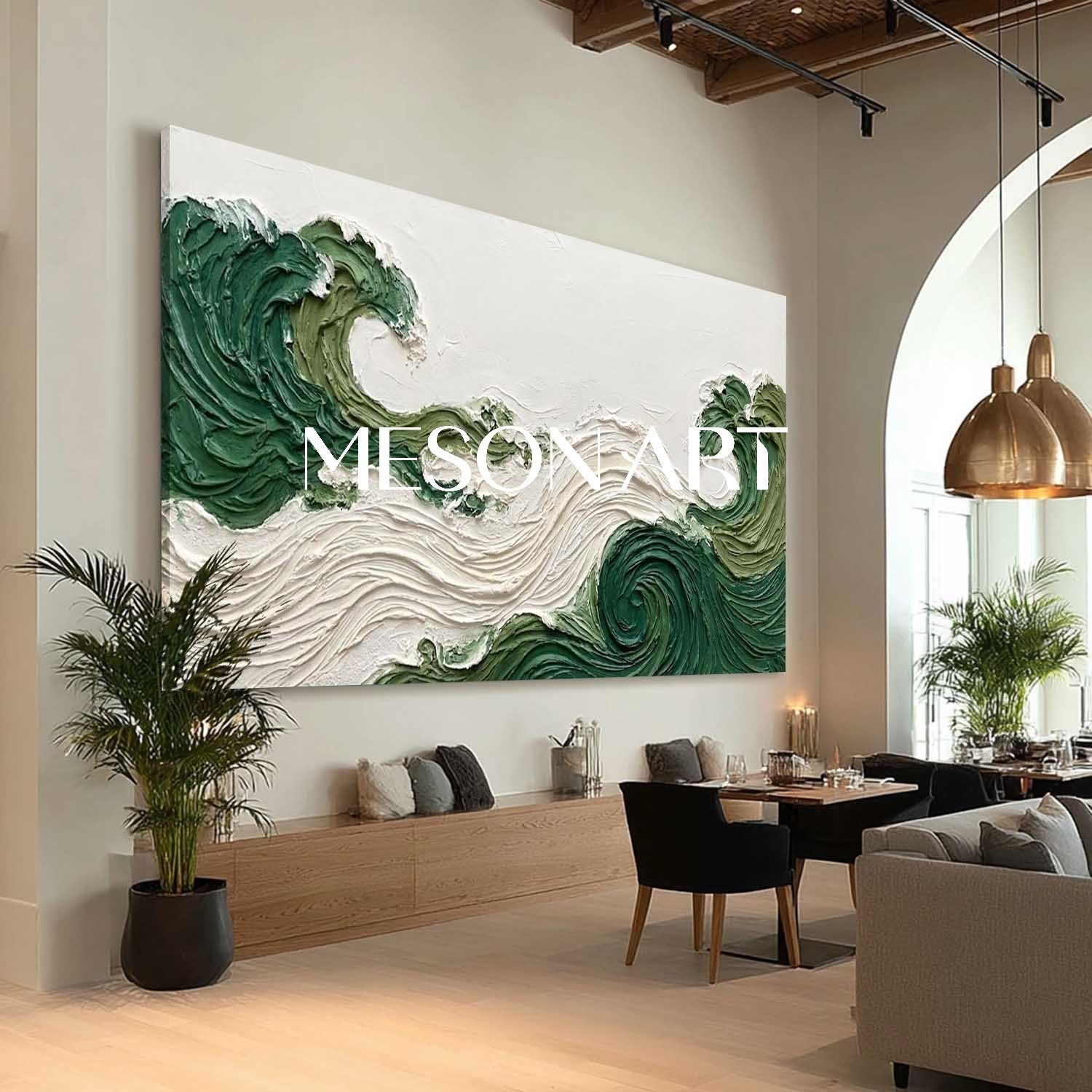 Large Abstract Green Beach Painting Panoramic Green Waves Bedroom Wall Decor Art