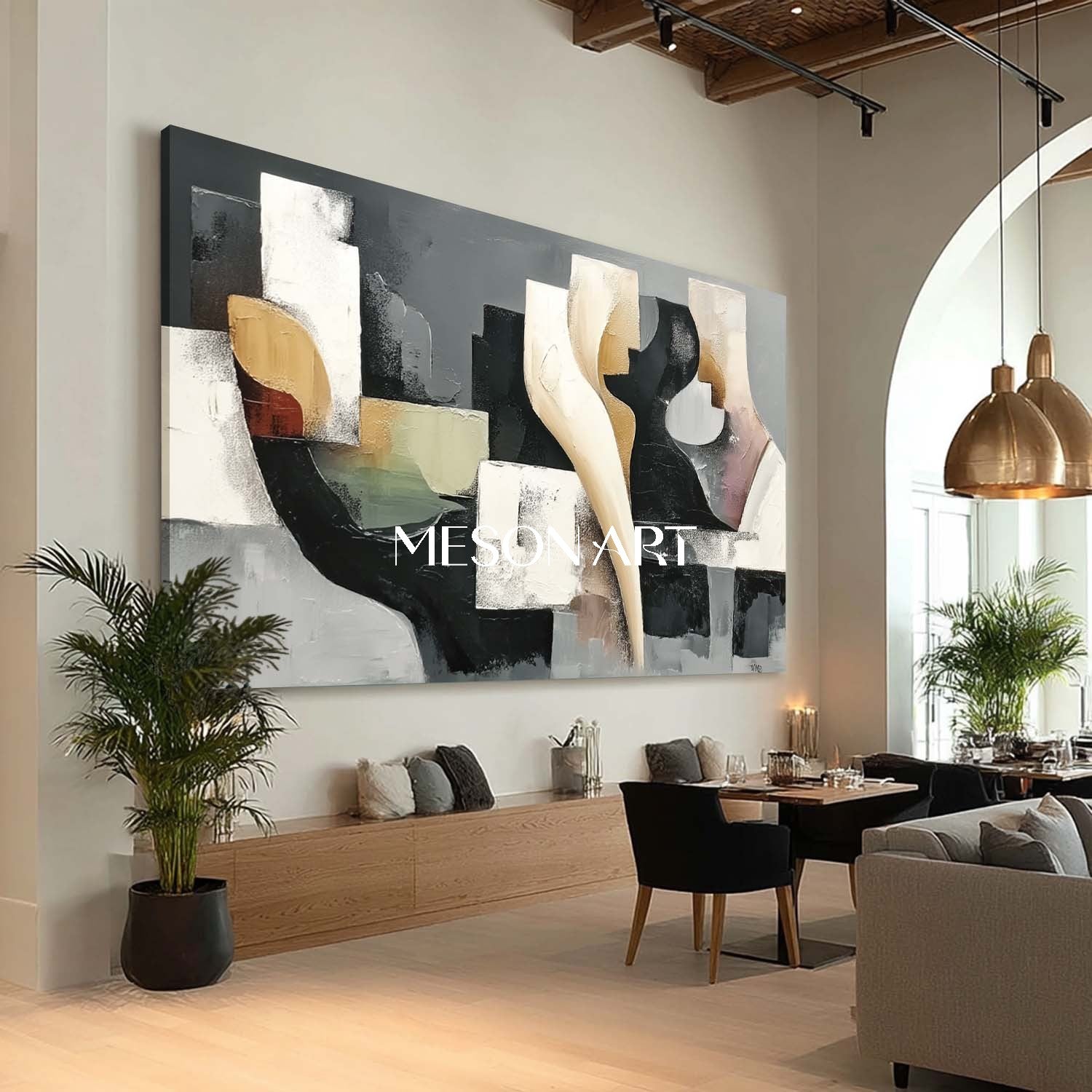 Black White Abstract Geometric Oil Painting Modern Textured Canvas Art