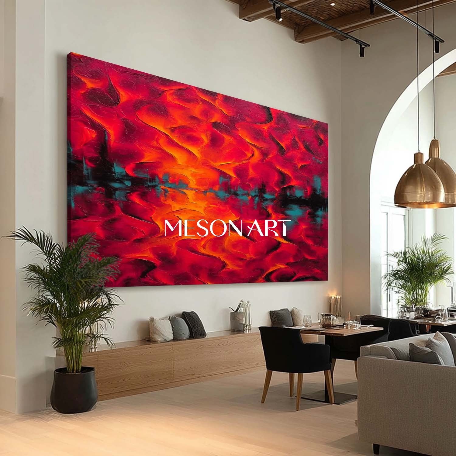 Big Fiery Abstract Expressionist Oil Painting Large Red Wall Art Decor