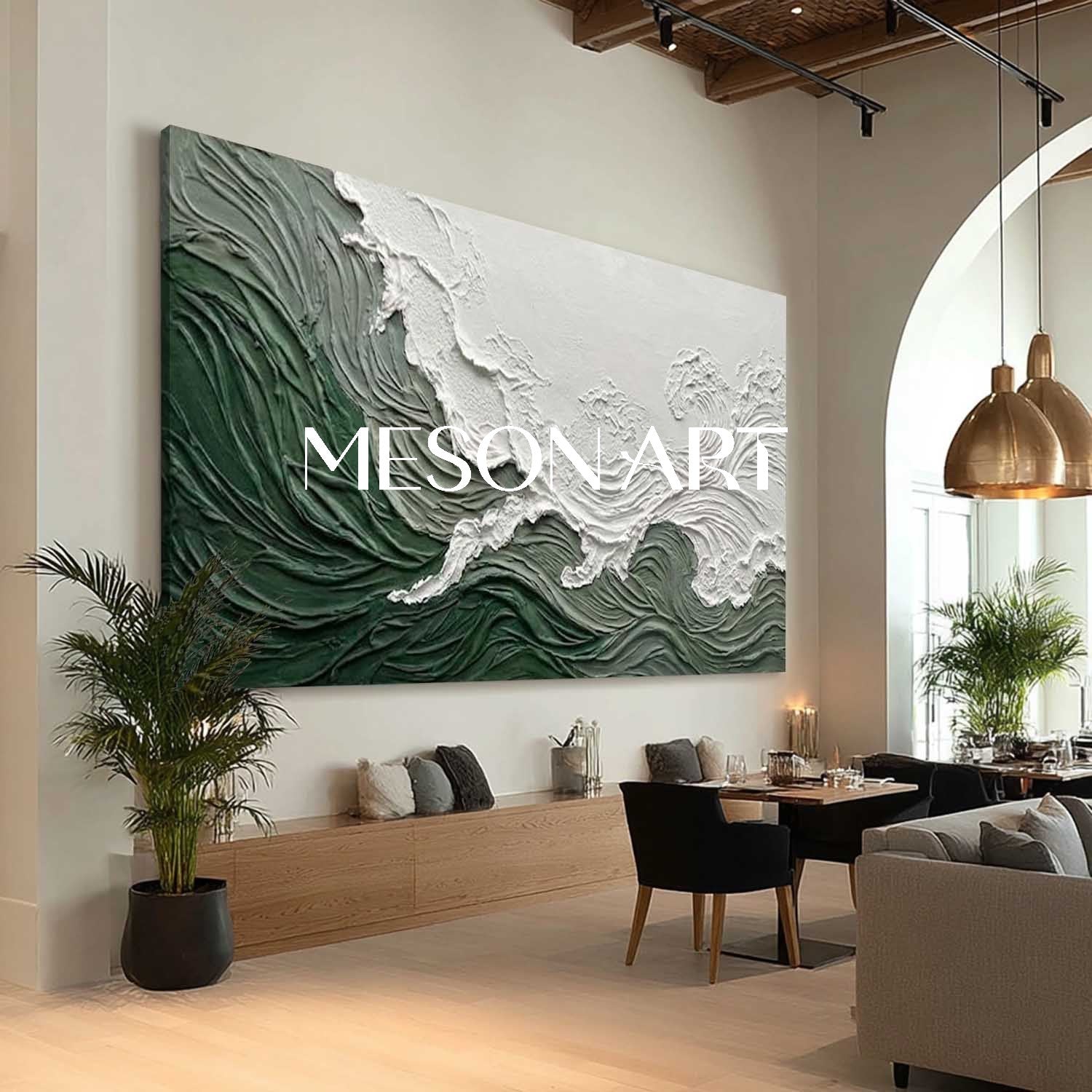 Panoramic White And Green Bedroom Wall Painting Green Abstract Art Canvas