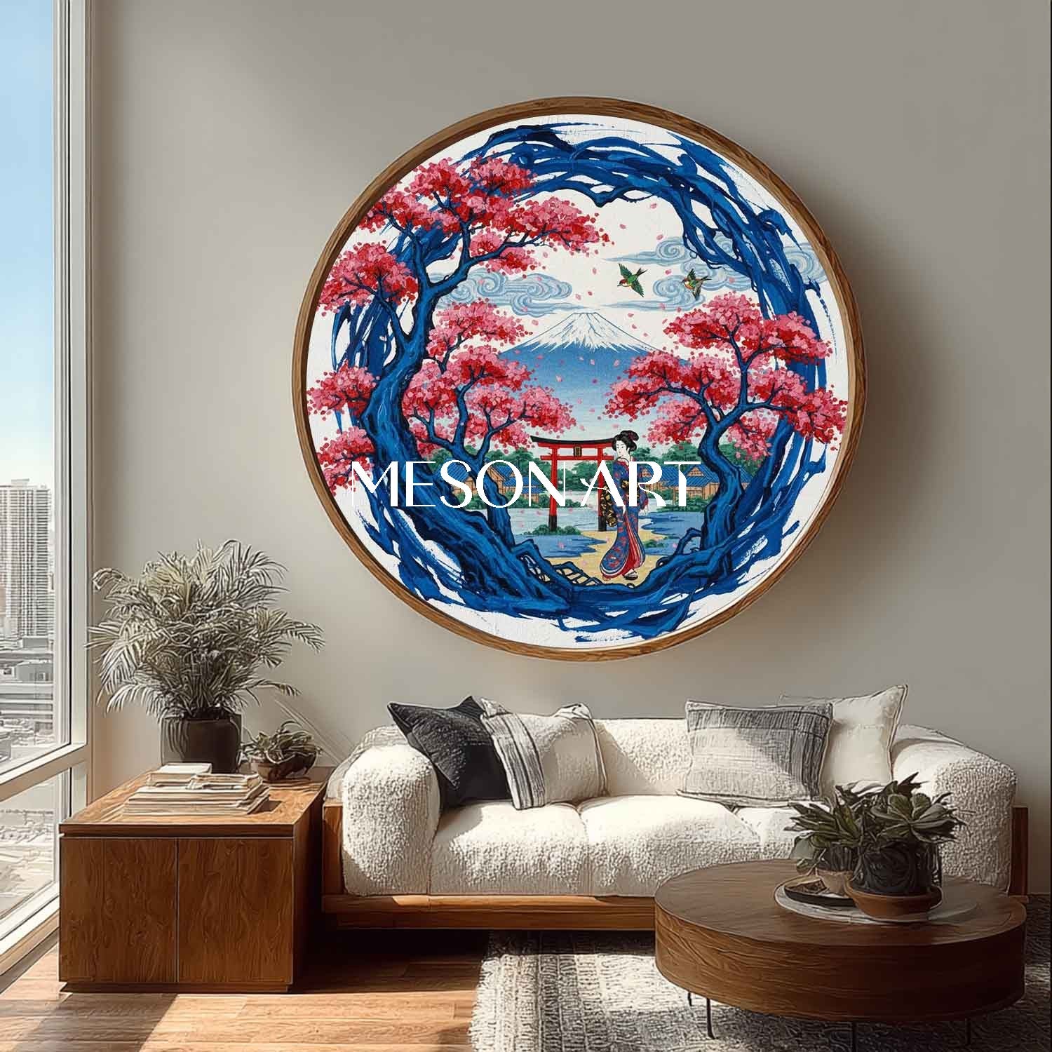 Round Japanese Landscape Oil Painting | Mt Fuji & Cherry Blossom Wall Art | MesonArt