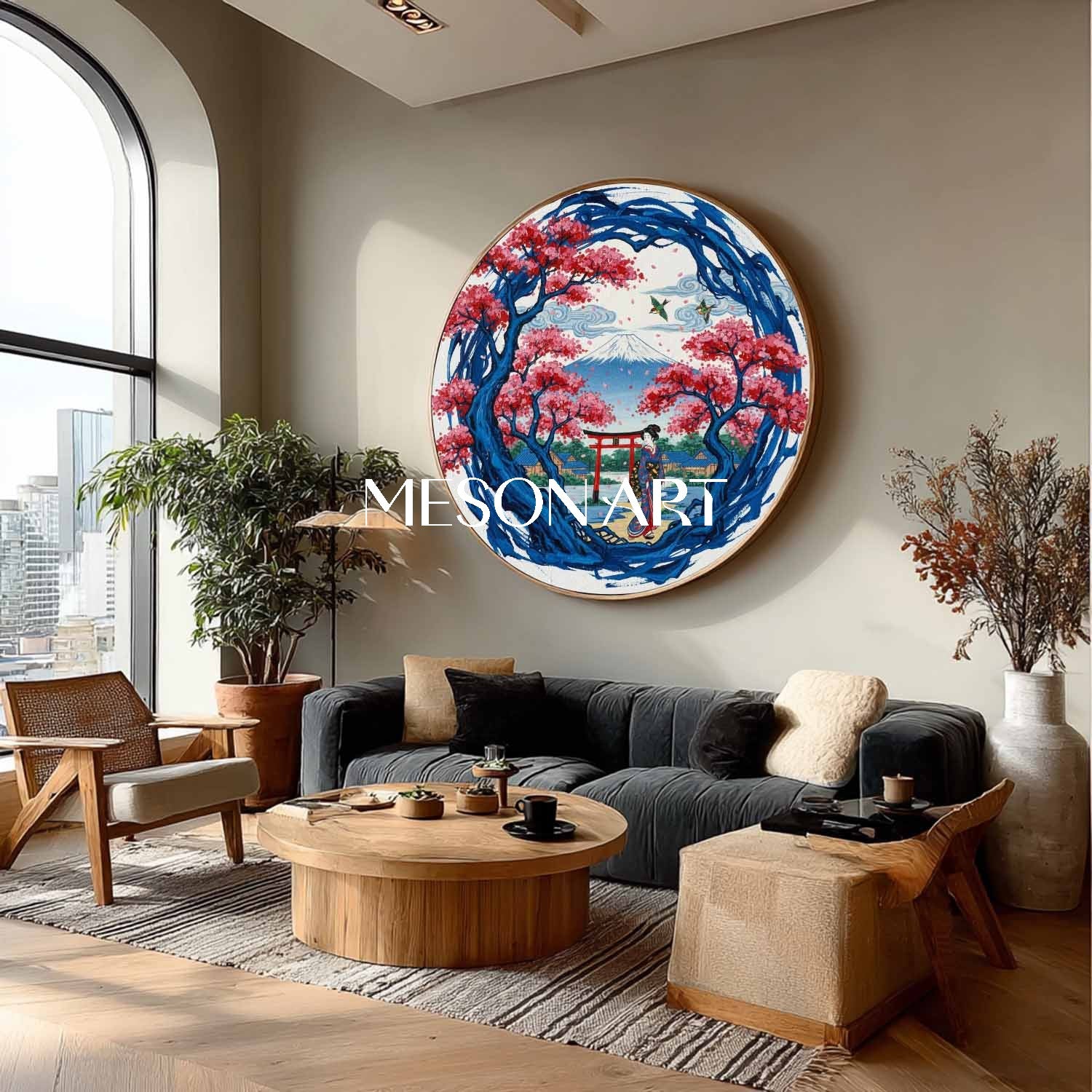 Round Japanese Landscape Oil Painting | Mt Fuji & Cherry Blossom Wall Art | MesonArt