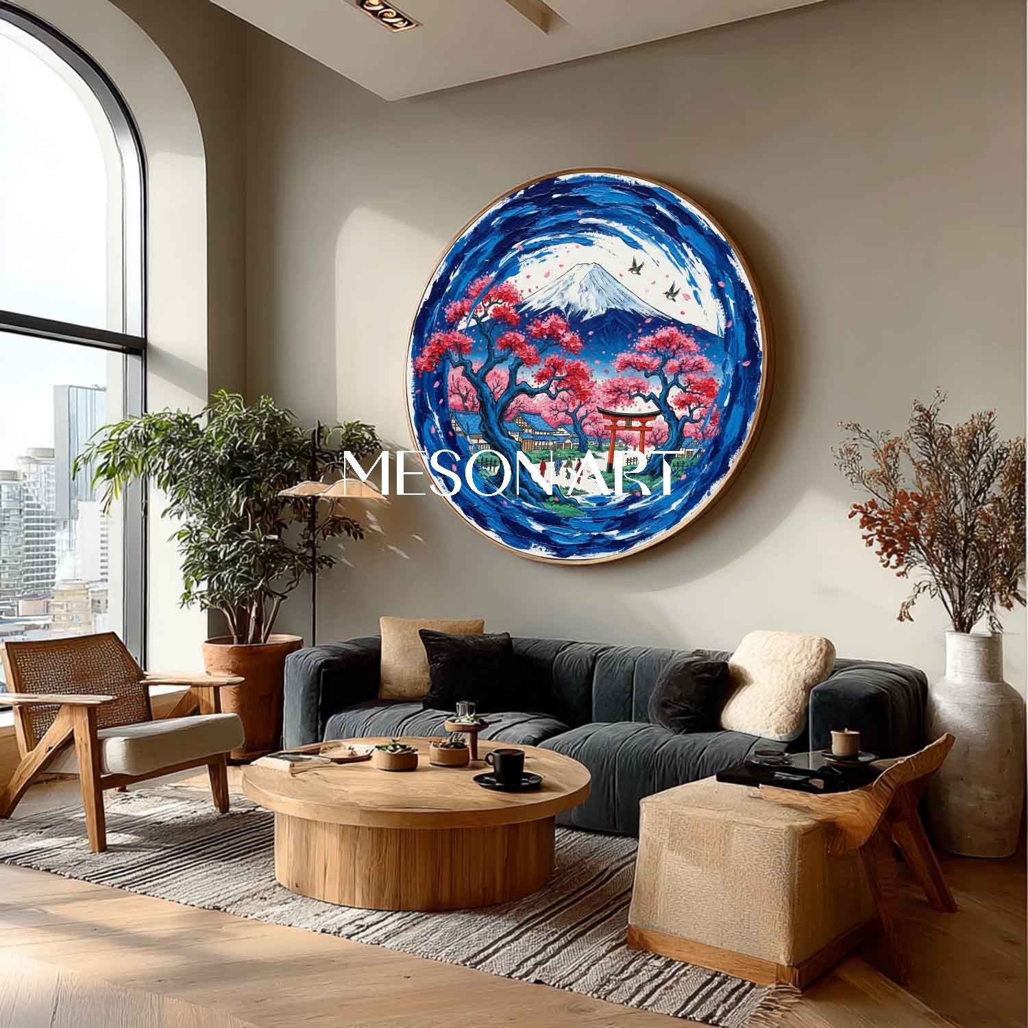 Circular Canvas Oil Painting Mt Fuji Cherry Blossom Wall Art MesonArt