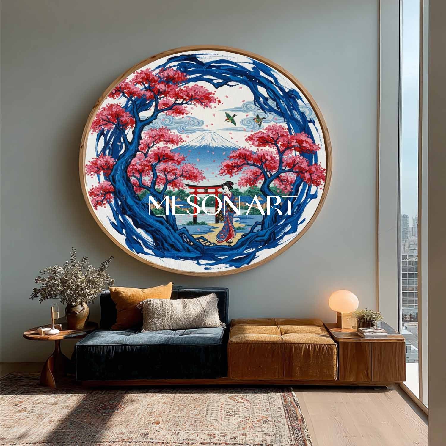 Round Japanese Landscape Oil Painting | Mt Fuji & Cherry Blossom Wall Art | MesonArt