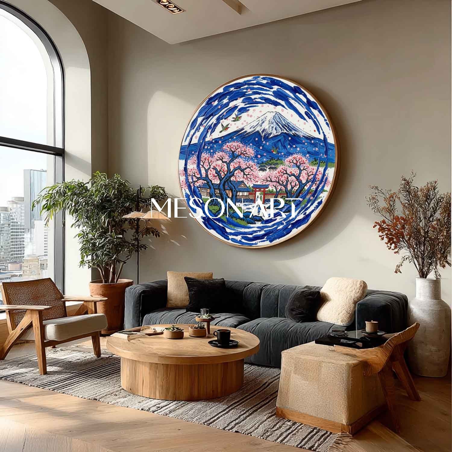 Mount Fuji Scenery Painting Pink Sakura Cherry Blossoms Oil Painting