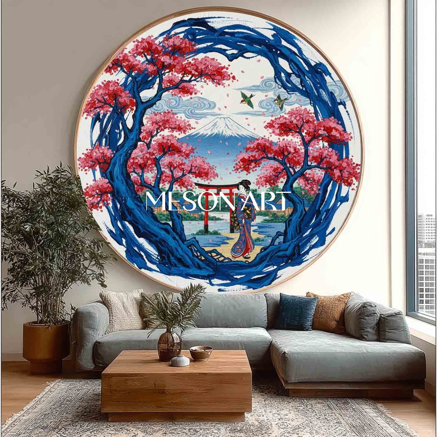 Round Japanese Landscape Oil Painting | Mt Fuji & Cherry Blossom Wall Art | MesonArt