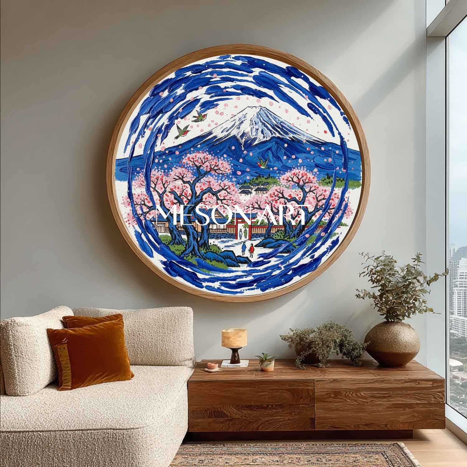 Mount Fuji Scenery Painting Pink Sakura Cherry Blossoms Oil Painting