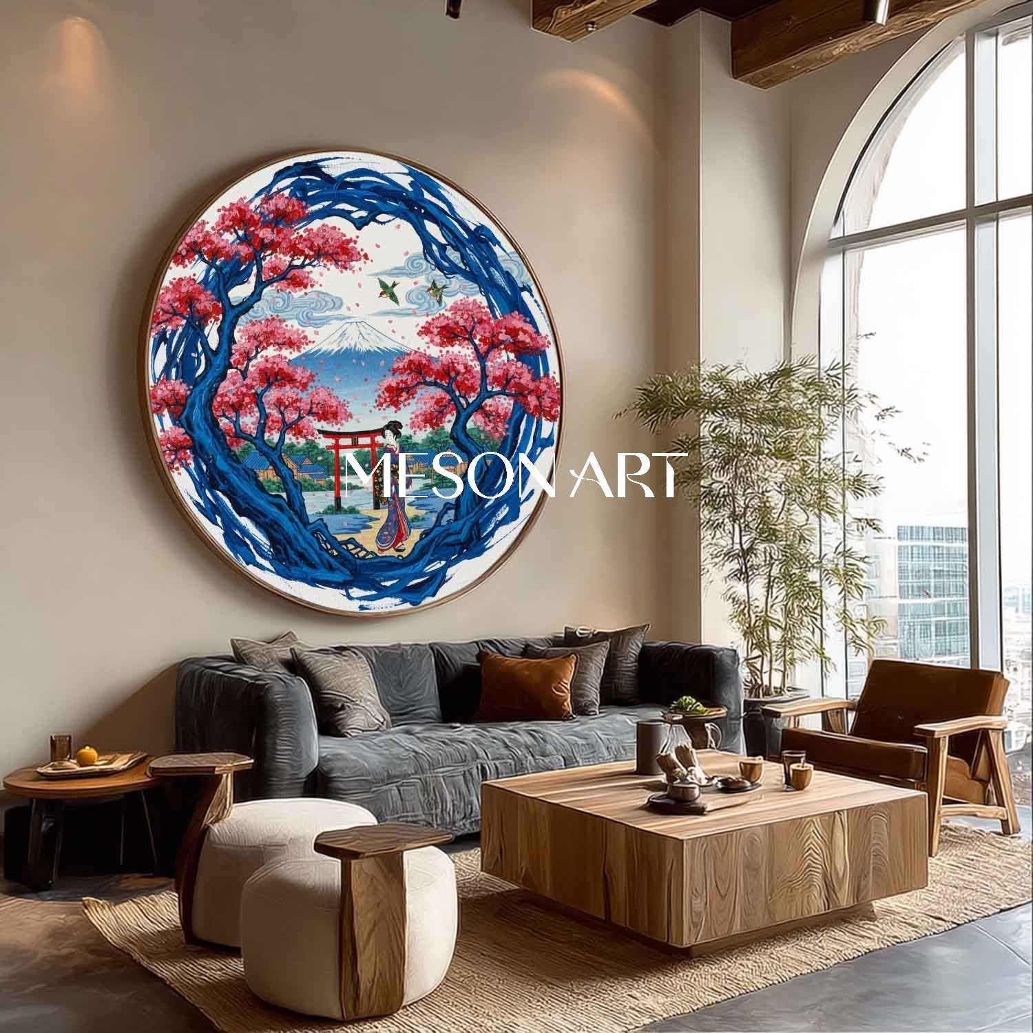 Round Japanese Landscape Oil Painting | Mt Fuji & Cherry Blossom Wall Art | MesonArt