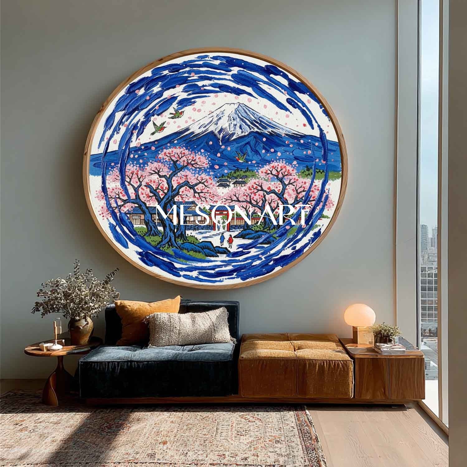 Mount Fuji Scenery Painting Pink Sakura Cherry Blossoms Oil Painting