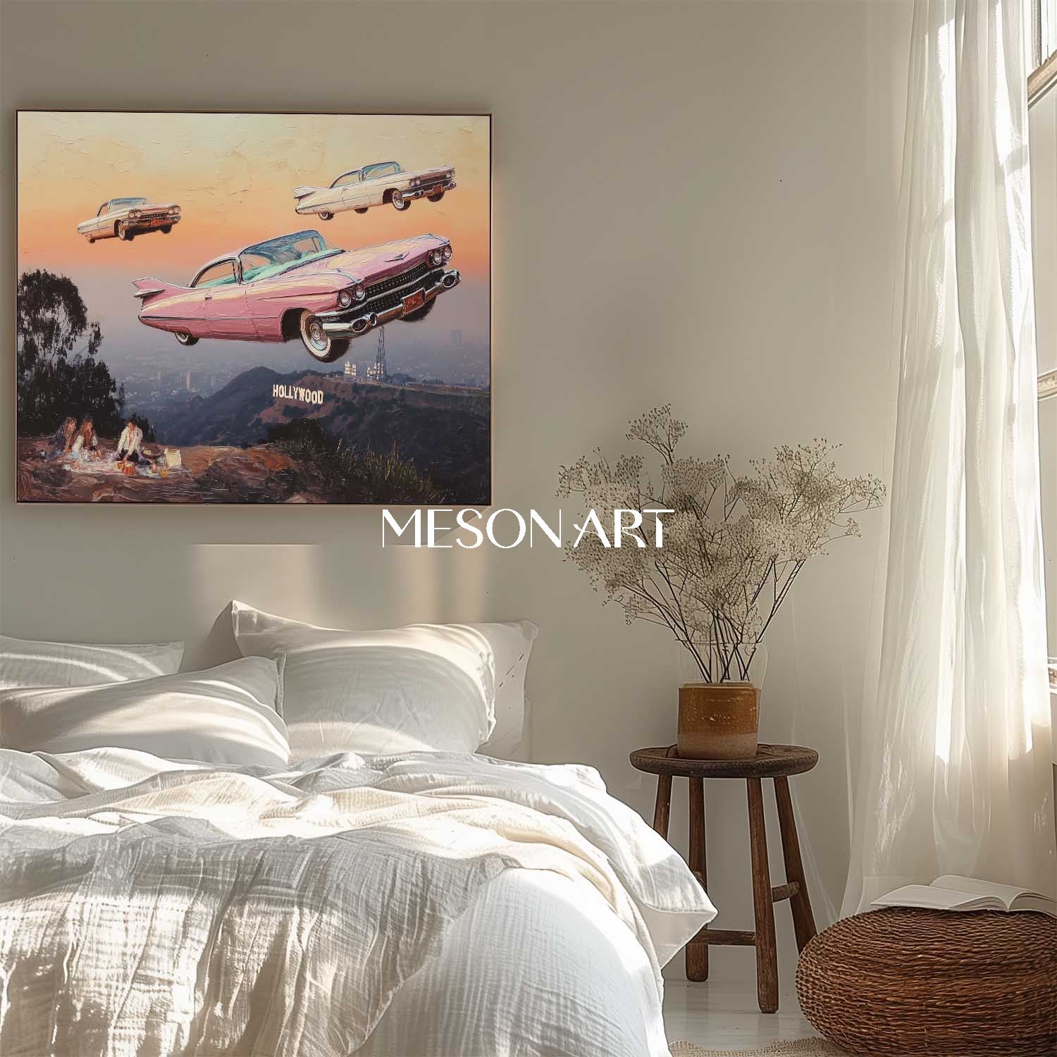 Surreal Sunset Surreal Art Flying Vintage Cars Hollywood Hills Canvas